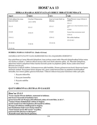194
HOSE’AA 13
HIIKAA HAARAA KEEYYATAAN HIRUU IRRATTI HUNDAA’E
NKJV NRSV TEV NJB
Firdii addaan hin cinne
Israa’eel Irratti
13:1-3
13:4-8
13:9-11
13:12-14
13:15-16
Cincilaa fi Haaromina
(12:1-14:9)
13:1-3
13:4-13
3:14-16
Israa’eel irratti firdii isa
dhumaa
13:1-3
13:4-8
13:9-11
13:12-16
Waaqeffannaan waaqa tolfamaa ni
adabame
13:1-3
Adabbii waa’ee olmaa hirraanfachuu irraa kan
ka’e
13:4-8
Xumura bittaa mootummaa mootii
13:9-11
Hin oollee badiisaa
13:12-14:1
DUBBISA MARSAA SADAFFAA (fuula vii irraa)
SADARKAA KEYYATAATTI YAADA BARREESSICHAA ISA JALQABARRA HORDOFUU
Kun qaleelfama qo’annaa Macaafa Qulqulluuti, kana jechuun namni tokko Macaafa Qulqulluudhaaf hiikaa mataa
ofii laachuu ni danda’a. Tokkoon okkoon keenya akka nuuf ifeetti adeemuu qabna. Ati, Macaafni Qulqulluun,
akkasumas hafurrii qulqulluun hiikaa laachuu keessatti qooda isa jalqabarra qabdu. Kanas yaada nama biraaf
dhiisuun sirra hin jiru.
Boqonnicha al tokkotti dubbisi. Gulummoowwan adda baafadhu. Hirama gulumoowwan keetii iikaawwan haaraa
shananiin madaali. Keeyyataan himuu dirqama miti, garuu yaada barreessichaa isa jalqabarra hordofuudhaaf
furtuudha, kun immoo gidduu galeessa hiikichaati. Tokkoon tokkoon keeyyataa Gulummoo tokko qofa qaba.
1. Keyyata tokkooffaa
2. Keeyyata lammaffaa
3. Keyyata sadaffaa
4. kkk
QAYYABBANNAA JECHAA FI GAALEE
Hose’aa 13:1-3
1
Yeroo sanyiin Efreem dubbate, namoonni in hollatan;
inni Israa’el keessatti ol kaafamee ture;
garuu karaa Ba’aal Waaqayyolii tolfamanii yakka of irratti fidee, in du’e*.
2
Ammas ittuma daddabalanii cubbuu in hojjetu;
meetii isaanii irraa bifa baqfamaa ofii isaaniif in tolfatu;
Waaqayyoli tolfamoo miidhagsanii in hojjetu;
kun hundumtuu hojii warra harka tolanii ti;
“isaan kanaaf aarsaa dhi’eessaa!” in jedhu;
namoonni bifa jibootaa in dhungatu*.
3
Kanaafis isaan akka hurrii ganamaa,
 