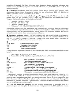 200
bu’aa foonii fi hafuura in fida! Qalbi jijjiirachuun walitti dhuufeenya dhuunfa wajjiin kan wal qabate ta’uu
hubadhu (jechuun, “gara Waaqayyo gooftaa keeti deebi’I” fakkeenyaaf, 2:13, 4:6, 8:14 13:6, Amos 4:6, 9, 10, 11)
as much as it to rules!
 “Kufteetahooti”dhaabbachuu danda’auun jireenya haafuraa Kakuu Moofaaa ibsuuf gargaara. Sirritti
dhaabbachuun jireenya hafuura fayya-qabeessa mallatto yoo ta’e, kufuun immoo (BDB 505, KB 502, Qal
PERFECT) mallattoo cubbuuti, Isa 3:8, 59:10, 14, Er 46:6).
14:2 “Wanta jechuuf jettan kana fudhadhaatii, gara Waaqayyootti deebi’aa” himii kun (14:1 in MT)
jechoota ajajaa afur /Qal IMPERFECTIVES/ fi tokko kan wal qabatee Piel/ piel COHORTATIV/ qaba.
Waaqayyo bifa barbaachisaadhaan deebii akka kennan barbaada!
1. “Fudhadhu” – BDB 542, KB 534
2. “Deebi’I” – BDB 996, KB 1427
3. “Dubbadhu” –BDB 55, KB 65
4. “Dhi’aadhuu” –BDB 1022, KB 1522 (piel COHORTATIVE)
Fudhadhu kan jedhu irra deebi’amu isaa hubadhu. Israa’el dhugaatti qalbi yoo jijjiirate Waaqayyo guutummaatti
isaan simatee isaan in fayyisa! Kun haala aarsaan itti dhi’aatuu mul’isa (jechuun, MT “galata afaan keenyaas akka
jibooleeti”). Gaalee kana akka gaariitti hubachuuf “dibichaa utuu hin ta’iin sagalee isaa fudhadhaa” kan jedhu itti
dabbala. Kun sirritti kan bara Musee aarsaan haara’uu in mirkaneessa.
 “Cubbuu kee hundumaa balleessi” The VERB (BDB 669, KB 724, QalIMPERFECT) is surrounded by
IMPERATIVES. This phrase occurs several times (7) in the OT with God as its subject (Bau 34:7, Lak 14:18,
Fara 32:5, 85:2, Isa 33:24, Hose’aa 14:2, Mikiyaas 7:18) and always means “remove iniquity” (cf NIDOTTE,
vol1. 3 p. 162). It is a plea from truly repentant coventant people.

NASB, NKJV “Akka haraara isaatti nu simate”
NRSV “Wanta gaarii ta’ee simadhu”
TEV “Kadhata keenya simadhu”
NJB “Qabeenya keenya simadhu”
Yoo hiikamu irratti gargarummaa jiruu tob (BDB 373) hiika akkami qabata kan jedhuu bitaacha galuu isaa irraa
kan ka’e.
1. Gaarii KB 371 I (LXX, NASB, NRSV, NJB)
2. Akkataa dubbii KB 372 IV (jechuun, “sagallee fudhadha” sarara 1, TEV,NET)

NASB “Kan afaan keenya ija in kennina”
NKJV “kan afaan keenyaa aarsaa in kennina”
NKJV (footnote) “Kan afaan keenyaa aarsaa dibichaa in kennina”
NRSV “Kan afaan keenya ija in kennina”
TEV “Kakuu akka galeetti si ulfeesina”
PESHITTA “Ija afaan keessani irraa kan ka’ee gatiin isini baasa”
NJB “Dibicha irra kan wayyuu kan hidhii keenya in kennina”
REB “Dallaa keenya keessaakanjiru sawwaan kakuu ni gala”
NET Bible “Galata afaan keenya akka qalma dibichaati in dhi’eesina”
“ Raawwachuuf,” kan jedhu gochamichi jechami hundee qabeessa kakuu galuu (fakkeenyaaf, 2 Samu’eel 15:7,
Fara 50:14, 66:13, 116:14, 18, Isa 19:21). Kun wareega, kadhataa fi galataa argisiisa. Kuta kana yihudooti
ammayyaa bakka kadhata aarsaa akka bakka bu’u ibsuuf itti fayyadamu (Fara 50, 69:30-31). Gara olii kan jiruu
hiikuu fi akkataan hiika isaa Yihudoota giddutti baay’ee beekamaa kan ta’e, Sebtujentiin /Septuagint/ in
calaqiisiisa. MT irratti kan dubbifamuu, “dibicha dhi’eessi” kan jedhuu dha. Kan Ibirichaa sirritti beekama miti
qabiyyee kan qabu garaagarumaa guutuu qaba!
14:3 “Asor nuu oolchuu hin dandeessu” lakk.kana keessaatti ijoolleen nama itti amanu kan danda’an fi
garewwaan siyaasa kan ibsan qabu, (1) Gareewwan alaa (wali galtee Asoroota, 5:13), (2) Humna waranaa
 