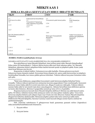 239
MIIKIYAAS 1
HIIKAA HAARAA KEEYYATAAN HIRUU IRRATTI HUNDAA’E
NKJV NRSV TEV NJB
1፡1
Firdii Israa’eel isa dhufu
1:2
1:3-5
1:6-7
Boo’icha Samaariyaadhaa fi
Yihudaadhaa
1:8-9
1:10-11
1:12-13
1:14-16
Irrakeessatti kan barreeffaman
1፡1
Yeruusalemii fi Samaariyaa
irratti sodaachisa Xiyyeeffate
(1:2-3:12)
1:2-7
1:8-9
1:10-16
1፡1
Yeruusaalemitti gadda Samaariyaadhaa
1:2-4
1:5-7
1:8-9
Diinni gara Yeruusaalemitti
dhiyaachuu
1:10-14
1:15-16
1፡1
Firdii Samaariyaa
1:2-4
1:5-7
Gadda Yeruusaalemii fi
gandeen gara gadijallaatti
argamaniif
1:8-15
1:16
DUBBISA MARSAAsadaffaa(fuula vii irraa)
SADARKAA KEYYATAATTI YAADA BARREESSICHAA ISA JALQABARRA HORDOFUU
Kun qaleelfama qo’annaa Macaafa Qulqulluuti, kana jechuun namni tokko Macaafa Qulqulluudhaaf
hiikaa mataa ofii laachuudanda’a. Tokkoon okkoon keenya akka nuuf ifeetti adeemuu qabna. Ati, Macaafni
Qulqulluun, akkasumas hafurrii qulqulluun hiikaa laachuu keessatti qooda isa jalqabarra qabdu. Kanas yaada
nama biraaf dhiisuun sirra hin jiru.
Boqonnicha al tokkotti dubbisi. Gulummoowwan adda baafadhu. Hirama gulumoowwan keetii
hiikaawwan haaraa shananiin madaali. Keeyyataan himuu dirqama miti, garuu yaada barreessichaa isa jalqabarra
hordofuudhaaf furtuudha, kun immoo gidduu galeessa hiikichaati. Tokkoon tokkoon keeyyataa Gulummoo tokko
qofa qaba.
*Kaka’umsa dhabuyyuu, qoqqooddaan keeyyataanii yaada barreessaa jalqabaa hubachuuf furtuu
cimaadha. Tokkoon tokkoon jijjiirraawwan ammayyaas keeyyata qoqqoodamee fi kan cuunfameqabu. Keeyyanni
kamiyyuu immoo bakka adda ba’ee jirutti mata duree ijoo, dhugaa fi yaada ijoo tokkoqaba. Tokkoon tokkoon
sararaas bakka adda ba’anii jiranitti mata duree sanacalaqqisiisu. Akkuma barreeffama kana dubbisteen jijjiirraa
isa kamtu akka hubannoo, dhimmaa fi qoqqooddaa sararaaf ga’umsa siif ta’u of gaafadhu.
Boqonnaa kamiyyuu keessatti dursa Macaafa Qulqulluu dubbisuu fi dhimma isaa adda baasuuf yaaluu
qabna. Itti fufnees, hubannoo keenya hiika ammayyaa waliin wal cinaa qabnee madaaluu qabna. Yeroo miira
barreessaa jalqabaa hubannu qofa sabqora (logic) isaa fi haala inni ittiin dhiyeesse ilaaluun Macaafa Quqlulluu
dhugaan kan hubachuu dandeenyudha. Barreessaa jalqabaa qofaatu kaka’umsa uumuuf ga’aadha malee
Dubbistoonni Macaafa Qulqulluu, barootaa fi jireenya isaanii keessatti dhugaa eerame hojiirra oolchuuf itti
gaafatamummaaqabu.
Hub: Jechoonni teeknikaawaa fi gabaajeewwan hundi guutummaa guutuutti miiltoo (Appendices)
tokko,lammaffaafisadaffaakeessatti ibsamaniiru.
1. Keyyata tokkoo
2. Keeyyata lamma
 