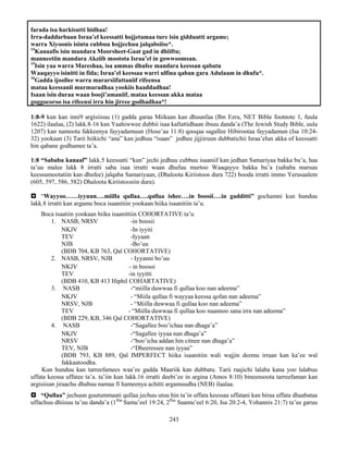 243
farada isa harkisutti hidhaa!
Irra-daddarbaan Israa’el keessatti hojjetamaa ture isin gidduutti argame;
warra Xiyoonis isintu cubbuu hojjechuu jalqabsiise*.
14
Kanaafis isin mandara Moorsheet-Gaat gad in dhiiftu;
manneetiin mandara Akziib mootota Israa’el in gowwoomsan.
15
Isin yaa warra Mareshaa, isa ammas dhufee mandara keessan qabatu
Waaqayyo isinitti in fida; Israa’el keessaa warri ulfina qaban gara Adulaam in dhufu*.
16
Gadda ijoollee warra mararsiifattaniif rifeensa
mataa keessanii murmuradhaa yookiis haaddadhaa!
Isaan isin duraa waan booji’amaniif, mataa keessan akka mataa
goggocoroo isa rifeensi irra hin jirree godhadhaa*!
1:8-9 kun kan inni9 argisiisuu (1) gadda garaa Miikaan kan dhuunfaa (Ibn Ezra, NET Bible footnote 1, fuula
1622) ilaalaa, (2) lakk.8-16 kan Yaahiwwee dubbii isaa kallattidhaan ibsuu danda’a (The Jewish Study Bible, uula
1207) kan namoota fakkeenya fayyadamuun (Hose’aa 11:8) qooqaa sagallee Hibirootaa fayyadamun (Isa 10:24-
32) yookaan (3) Tarii hiikichi “ana” kan jedhuu “isaan” jedhee jijjiiruun dubbatichii Israa’elun akka of keessatti
hin qabane godhamee ta’a.
1:8 “Sababa kanaaf” lakk.5 keessatti “kun” jechi jedhuu cubbuu isaaniif kan jedhan Samariyaa bakka bu’a, haa
ta’uu malee lakk 8 irratti saba isaa irratti waan dhufuu murtoo Waaqayyo bakka bu’a (sababa marsuu
keessumootatiin kan dhufee) jalqaba Samariyaan, (Dhaloota Kiriistoos dura 722) booda irratti immo Yerusaalem
(605, 597, 586, 582) Dhaloota Kiriistoosiin dura).
 “Wayyoo……iyyuun….miilla qullaa….qullaa ishee….in boosii….in gadditti” gochamni kun hunduu
lakk.8 irratti kan argamu boca isaanitiin yookaan hiika isaanitiin ta’u.
Boca isaatiin yookaan hiika isaanittiin COHORTATIVE ta’u
1. NASB, NRSV -in boosii
NKJV -In iyyiti
TEV -Iyyaan
NJB -Bo’uu
(BDB 704, KB 763, Qal COHORTATIVE)
2. NASB, NRSV, NJB - Iyyanni bo’uu
NKJV - in boossi
TEV -in iyyitti
(BDB 410, KB 413 Hiphil COHARTATIVE)
3. NASB -“miilla duwwaa fi qullaa koo nan adeema”
NKJV - “Miila qullaa fi wayyaa keessa qofan nan adeema”
NRSV, NJB - “Miilla duwwaa fi qullaa koo nan adeema”
TEV - “Miilla duwwaa fi qullaa koo naannoo sana irra nan adeema”
(BDB 229, KB, 346 Qal COHORTATIVE)
4. NASB -“Sagallee boo’ichaa nan dhaga’a”
NKJV -“Sagallee iyyaa nan dhaga’a”
NRSV -“boo’icha addan hin citnee nan dhaga’a”
TEV, NJB -“Dheeressee nan iyyaa”
(BDB 793, KB 889, Qal IMPERFECT hiika isaanitiin wali wajjin deemu irraan kan ka’ee wal
fakkaatoodha.
Kun hunduu kan tarreefamees waa’ee gadda Maariik kan dubbatu. Tarii raajichi lalaba kana yoo lalabuu
uffata keessa uffatee ta’a. ta’iin kun lakk.16 irratti deebi’ee in argina (Amos 8:10) bineensoota tarreefaman kan
argisiisan jiraachu dhabuu namaa fi hameenya achitti argamuudha (NEB) ilaalaa.
 “Qullaa” jechuun guutummaati qullaa jechuu utuu hin ta’in uffata keessaa uffatani kan biraa uffata dhaabataa
uffachuu dhiisuu ta’uu danda’a (1ffaa
Samu’eel 19:24, 2ffaa
Saamu’eel 6:20, Isa 20:2-4, Yohannis 21:7) ta’us garuu
 