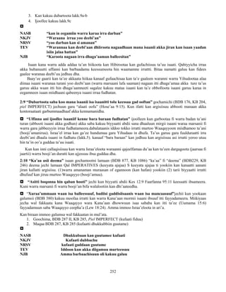 252
3. Kan kakuu dubartoota lakk.9a-b
4. Ijoollee kakuu lakk.9c

NASB “kan in eegamiin warra karaa irra darban”
NKJV “Waraana irraa yoo deebi’an”
NRSV “yoo darban kan si amanan”
TEV “Warannaa kan deebi’aan dhiiroota nagaadhaan mana isaanii akka jiran kan isaan yaadan
isiin jalaa hattan”
NJB “Karoota nagaan irra dhaga’aaman balleesitan”
Isaan kana warra adda addaa ta’an hiikoota kan Hibirootaa kan gufachiisuu ta’uu isaati. Qabiyyicha irraa
akka hubanuutti uffanni kan barbaadamu keessumoota hin waamamne irrattti. Bitaa namatti galuu kan fidees
gaalee waranaa deebi’uu jedhuu dha.
Baay’ee gaarii kan ta’ee akkaata hiikaa kanaaf gufaachisaa kan ta’e gaaleen waranni warra Yihudootaa alaa
diinaa isaani waranaa turani yoo deebi’aan (warra marsaani lafa saaman) nagaan itti dhaga’amaa akka ture ta’us
garuu akka waan itti hin dhaga’aamneeti sagalee kakuu mataa isaani kan ta’e obbolloota isaani garuu karaa in
eegamneen isaan miidhaani qabeenya isaani irraa fudhatan.
2:9 “Dubartoota saba koo mana isaanii isa isaanitti tolu keessaa gad ooftan” gochamichi (BDB 176, KB 204,
piel IMPERFECT) jechuun gara “alaati oofu” (Hose’aa 9:15). Kun ifatti kan argisiisuu abbooti manaan akka
kontoraataati garbummaadhaaf akka kennamanidha.
 “Ulfinna ani ijoollee isaaniif kenne bara baraan fudhatan” ijoolleen kun garbootaa fi warra badan ta’ani
turan (abbooti isaani akka godhan) akka saba kakuu biyyaatti abdii sana dhaaluun mirgii isaani waraa marsanii fi
warra gara jabbeeyyin irraa fudhatameera.dabalataanis iddoo tokko irratti murtoo Waaqayyoon miidhamoo ta’ani
(booji’amaniruu). Israa’el irraa kan ga’ee hundumaa gara Yihudaas in dhufa. Ta’us garuu gara fuulduraatti irra
deebi’ani dhaala isaani in fudhatu (lakk.5). kanaaf “bara baraan” kan jedhuu kan argisiisuu asi irratti yeroo utuu
hin ta’in oo’a guddaa ta’uu isaati.
Kun kan inni callaqisiisuu kan warra Israa’eloota waraanni qajeelfamaa du’aa kan ta’een dargagoota (jaarsaa fi
jaartii) warra booji’an duratti kan ajjessuu ibsa guddaa dha.
2:10 “Ka’aa asii deema” isaan gochamootni lamaan (BDB 877, KB 1086) “ka’aa” fi “deema” (BDB229, KB
246) deema jechi lamaan Qal IMPERATIVES (keeyata ajajaa) S keeyata ajajaa ti yookiin kan kanaatti aanani
jiran kallatti argisiisu. (1)warra amanaman muraasan of egannoon (kan hafan) yookiin (2) tarii biyyaatti irratti
dhufuuf kan jiruu murtoo Waaqayyo (booji’amuu).
 “Asitti boqonna hin qaban hooti” jechi kun biyyatti abdii Kes 12:9 Faarfanna 95:11 keessatti ibsameera.
Kuni warra marsanii fi warra booji’an bifa walalootiin kan dhi’aateedha.
 “Xuraa’ummaan waan isa balleessuuf, badiisi gaddisiisaanis waan isa mancaasuuf”jechii kun yookaan
galumsii (BDB 380) kakuu moofaa irratti kan warra Kana’aan mormii isaani ibsuuf itti fayyadameera. Miikiyaas
jecha wal fakkaata kana Waaqayyo wara Kana’aan dhowwuun isaa sababa kan itti ta’ee (Uumama 15:6)
fayyadamuun saba Waaqayyo ceepha’a (Lew 18:24). Amma immoo Israa’eloota in ari’a.
Kan biraan immoo galumsa wal fakkaatan in mul’ata.
1. Goochima, BDB 287 II, KB 285, Piel IMPERFECT (kufaati fiduu)
2. Maqaa BDB 287, KB 285 (kufaatti dhukkubbiin guutame)

NASB Dhukkubaan kan guutamee kufaati
NKJV Kufaati dubbachu
NRSV kufaati gaddaan guutame
TEV Iddoon kun akka diigamuu murteessuu
NJB Amma barbaachisuun oli kakuu galuu
 