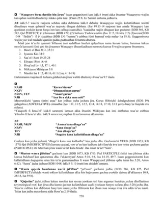 259
 “Waaqayyo biraa deebiin hin jiruu” isaan geggesitooti kun lakk.4 irratti akka ibsamee Waaqayyoo wajjin
kan qaban walitti dhuufeenyi rakko qaba ture. (1Sam 25:8, 6). Samiin calluma jedheera.
3:8 lakk.5-7 waa’ee raajoota sobduu akka dubbatuu lakk.8 dabalee Waaqayyoo wajjin kallattiidhaan walitti
dhuufenya waan qabaniif waa’ee raajoota dhugaa dubbata. (Far 89:13-14 raajooni kun amala Waaqayyo kan
qoodatan yookiin karaa fooya’een kan callaqisisaanidha). Yaadadha raajiin dhugaan kan guutame (BDB 569, KB
583, Qal PERFECT) (1)Humnaan (BDB 470) (2) hafuura Yaahiwweetiin (Isa 11:2, Hizzira 2:2) (3)seeran(BDB
1048 “firdiin”) fi (4) jajabina (BDB 150 “humna”) cubbuu ifatti baasuuf soda malee Isa 58:1). Geggeesitoota
wajjin yoo wal madaalu qaaniin gadda guddaadhaa fi humna dhabuu.
Maal yoo ta’eelle qaamoti Sillaasse inni sadaffaan haafuri qulqulluun nama keessa buluu, barumsa kakuu
moofa keessatti ifatti yoo hin jiraannes Waaqayyo dhuunfaadhaan namoota keessa fi wajjin argamu ibsameera.
1. Basel- el Bau 31:3, 35:31
2. Iyaasuu Kes 34:9
3. Saa’ol 1Sam 19:23-24
4. Eliyaas 1Mot 18:46
5. Hisqi’eel Izr 1:3, 37:1, 40:1
6. Miikiyaas Miikiyaas 3:8
7. Masihii Isa 11:2, 48:16, 61:1 (Luq 4:18-19)
Dabalataanis raajotaa fi hafuura gidduu kan jiruu walitti dhufeenyi Hose’aa 9:7 ilaala

NASB “Karaa biraan”
NKJV “Dhugaadhaan garuu”
NRSV, TEV “Anaaf garuu”
NJB “Ana bira akka sana miti”
Masoretikichi “garuu sirritti anaa” kan jedhuu jecha jechatu jira. Garuu Hibirichii dabalgochimni (BDB 19)
galagaltoo (ADVERSATIVE) cimaadha (Iyo 1:11, 11:5, 12:7, 13:4, 14:18, 17:10, 33:1 yeroo baay’ee faayida irra
oolera).
“Yaaqoobi fi Israa’el” lakk.8 sararonni lamaan akka ibsanitti Miikiyaas kan inni dubbatuu waa’ee cubbuu
Yihudaa fi Israa’el dha. lakk.9 sarara isa jalqabaa fi isa lamaataa akkasumas
3:9
NASB, NKJV “Amma kana dhaga’aa”
NRSV “kana dhaga’aa”
TEV “Ana dhaga’aa”
NJB “Sagalee kana kallattidhaan dhaga’aa”
Gaaleen kun jecha jechaati “dhaga’ii kana nan kadhadha” kan jedhu dha. Gochamichi VERB (BDB 1033, KB
1570) Qal IMPERFECTIVES (keeyata ajajaa), yoo ta’uu kan kadhana (ab) faayida irra kan oolee gochama gaalee
(PARTICIPLE) itti fufee kan jiruu waan ta’eef kana boode ifaa waan ta’eef “kuni”.
 “Murtoo warra jibbitan” gochami kun (BDB 1073, KB 1765, Piel PARTICIPLE) hiiki isaa jibiinsa akka
keessa bulchuuf kan qaxaramuu dha. Fakkeenyaaf Amos 5:10, 6:8, Isa 14:19, 49:7. Isaan geggeessitootni kun
kallattidhaan dogogoruu utuu hin ta’in gaarumaadhaa fi waan Waaqayyoof jibbinsa qabu turan Isa 5:20, Amos
6:12). “Seera” jecha jedhuu (BDB 1048) lakk.9 fi 10 irratti irra deddebi’ameera.
 “Wanta qajeela hundumaa warri jal’iftan” “jal’isuu” gochami jedhu (BDB 786, KB 875, Piel
IMPERFECT) hiikichi wanti tokkoo kallattidhaan akka hin hojjetamne gochuu yookiin dabsuu (Fakkeenya 10:9,
28:18, Isa 59:8).
 “Qajeelaa” jechi jedhuu kakuu moofaa kan seeraa yookaan toli kan argamee hundeen jechaa dhuffaatinsa
(etymological root) kan jiruu dha kunnis jechun kallattihdaan caafii yookaan funyoo safaraa (Isa 5:20) jechu dha.
Waa’ee cubbuu kan dubbatan baay’een isaani jecha Hibiroota kan ibsan isaa waaqa irraa irra adda ta’uu isaati.
Tolaa kan jedhu mata duree adda Hose’aa 2:19 ilaala.
 
