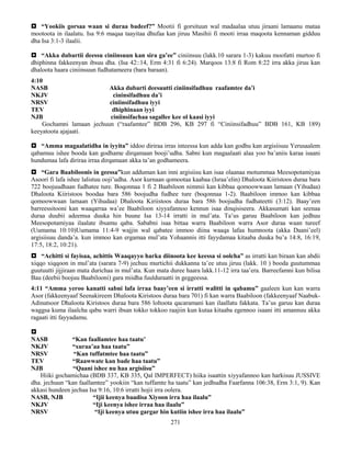 271
 “Yookiis gorsaa waan si duraa badeef?” Mootii fi gorsituun wal madaalaa utuu jiraani lamaanu mataa
mootoota in ilaalatu. Isa 9:6 maqaa taayitaa dhufaa kan jiruu Masihii fi mooti irraa maqoota kennaman gidduu
dha Isa 3:1-3 ilaalii.
 “Akka dubartii deessu ciniinsuun kan sira ga’ee” ciniinsuu (lakk.10 sarara 1-3) kakuu moofatti murtoo fi
dhiphinna fakkeenyan ibsuu dha. (Isa 42::14, Erm 4:31 fi 6:24). Marqoos 13:8 fi Rom 8:22 irra akka jiruu kan
dhaloota haara ciniinsuun fudhatameera (bara baraan).
4:10
NASB Akka dubarti deesuutti ciniinsifadhuu raafamtee da’i
NKJV cininsifadhuu da’i
NRSV ciniinsifadhuu iyyi
TEV dhiphinaan iyyi
NJB ciniinsifachaa sagallee kee ol kaasi iyyi
Gochamni lamaan jechuun (“raafamtee” BDB 296, KB 297 fi “Ciniinsifadhuu” BDB 161, KB 189)
keeyatoota ajajaati.
 “Amma magaalatidha in iyyita” iddoo diriraa irras inteessa kun adda kan godhu kan argisiisuu Yerusaalem
qabamuu ishee booda kan godhame dirqamaan booji’udha. Sabni kun magaalaati alaa yoo ba’aniis karaa isaani
hundumaa lafa diriraa irraa dirqamaan akka ta’an godhameera.
 “Gara Baabiloonis in geessa”kun adduman kan inni argisiisu kan isaa olaanaa motummaa Meesopotamiyaa
Asoori fi lafa ishee lalistuu ooji’udha. Asor kurnaan qomootaa kaabaa (Israa’elin) Dhaloota Kiiristoos duraa bara
722 boojuudhaan fudhatee ture. Boqonnaa 1 fi 2 Baabiloon nimmii kan kibbaa qomoowwaan lamaan (Yihudaa)
Dhaloota Kiiristoos boodaa bara 586 boojudha fudhee ture (boqonnaa 1-2). Baabiloon immoo kan kibbaa
qomoowwaan lamaan (Yihudaa) Dhaloota Kiriistoos duraa bara 586 boojudha fudhateetti (3:12). Baay’een
barreessitooni kan waaqarraa wa’ee Baabiloon xiyyafannoo kennun isaa dinqisiseera. Akkasumati kan seenaa
duraa duubii adeemsa duuka hin buune Isa 13-14 irratti in mul’ata. Ta’us garuu Baabiloon kan jedhuu
Meesopotamiyaa ilaalate ibsamu qaba. Sababni isaa bittaa warra Baabiloon warra Asor duraa waan tureef
(Uumama 10:10)Uumama 11:4-9 wajjin wal qabatee immoo diina waaqa lafaa humnoota (akka Daani’eel)
argisiisuu danda’a. kun immoo kan ergamaa mul’ata Yohaannis itti fayydamaa kitaaba duuka bu’a 14:8, 16:19,
17:5, 18:2, 10:21).
 “Achitti si fayisaa, achittis Waaqayyo harka diinoota kee keessa si oolcha” as irratti kan biraan kan abdii
xiqqo xiqqoon in mul’ata (sarara 7-9) jechuu murtichii dukkanna ta’ee utuu jiruu (lakk. 10 ) booda guutummaa
guutuutti jijjiraan mata durichaa in mul’ata. Kun mata duree haara lakk.11-12 irra taa’era. Barreefamni kun bilisa
Bau (deebii boojuu Baabilooni) gara miidha fuulduraatti in geggeessa.
4:11 “Amma yeroo kanatti sabni lafa irraa baay’een si irratti walitti in qabamu” gaaleen kun kan warra
Asor (fakkeenyaaf Seenakireem Dhaloota Kiristoos duraa bara 701) fi kan warra Baabiloon (fakkeenyaaf Naabuk-
Adinatsoor Dhaloota Kiristoos duraa bara 586 loltoota qacaramani kan ilaallatu fakkata. Ta’us garuu kan duraa
waggsa kuma ilaalcha qabu warri ibsan tokko tokkoo raajiin kun kutaa kitaaba egennoo isaani itti amannuu akka
ragaati itti fayyadamu.

NASB “Kan faallamtee haa taatu’
NKJV “xuraa’aa haa taatu”
NRSV “Kan tuffatmtee haa taatu”
TEV “Raawwate kan bade haa taatu”
NJB “Qaani ishee nu haa argisiisu”
Hiiki gochamichaa (BDB 337, KB 335, Qal IMPERFECT) hiika isaattin xiyyafannoo kan harkisuu JUSSIVE
dha. jechuun “kan faallamtee” yookiin “kan tuffamte ha taatu” kan jedhudha Faarfanna 106:38, Erm 3:1, 9). Kan
akkasi hundeen jechaa Isa 9:16, 10:6 irratti hojii irra oolera.
NASB, NJB “Ijii keenya baadisa Xiyoon irra haa ilaalu”
NKJV “Iji keenya ishee irraa haa ilaalu”
NRSV “Iji keenya utuu gargar hin kutiin ishee irra haa ilaalu”
 