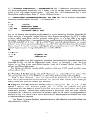 283
5:12 “Qoricha ittin nama doorsiiftuu…….mooraa ilaltuu kee” lakk.12-14 kan jieruu saba Waaqayyo gidduu
hojii warra qoricha namatti godhani akka jiran in dubbata (BDB 506 isaa gara fuulduraa beekuun yaali isaan
godhan in ibsa). Hojii kana akka hejjeetan Leewota 19:26 fi Keessa deebi 18:9-22 dhowamee ture. Baay’ee isaani
Elzaabeel irraa gara Isiraa’el akka dhufan 2ffaa
Mootota 9:22 irratti ibsameera.
5:13 “Bifa fakkeenyaa…utuboota dhagaa qulqulluu…hojii harka keeti” kun sabi Waaqayyo waaqessaa kan
turan waaqa tolfamaa in dubbata (Uumamaa 28:18-22 Keessa deebi 16:22).
5:14
NASB “Ashiriim”
NKJV “Fakkeenyoota mukaa”
NRSV, NJB “utuboota dhagaa qulqulluu”
TEV “Kan Ashiriim fakkeenya waaqa”
Kun kan inni dubbatuu waan gurguddaa (dhedheraa) kattawan irratti ol jedhani kan fannifamee fakkoota Ba’ool
bukkee waa’ee isa ka’aamu muka irraa kan hojjetaman utubaa dhagaa waaqa tolfamaati dha. (BDB 81 mukaa
soofamee yookiin mukaa lalisaa irraa kan hojjetamee waaqa tolfama yoo ta’uu kan bakka bu’uus mukaa
jireenyaati). Kun kan inni bakka bu’uu mucaa kan kennituu waaqa Kana’aan yoo ta’uu (fakkeenya Kes 7:5, 12:3,
16:21, Abboota firdii 3:7, 6, 25 1Mota 14:223 2Mot 18:8 2ffaa
Seena baraa 31:1) lakk.irratti kan jiruu kan bocamee
fakkeenya waaqa tolfamaa immoo mucaa kan kennuu waaqa (Ba’ooliin) bakka bu’a. Isaan mucaa keesumaa kan
kennan waaqoota fi waaqollii Fooneshiyaa (Ezbeel) giddu galleessaan yoo beekamtuu isaanis saba Waaqayyo
gidduutti baay’ee beekamaa fi waaqa tolfamaa beekamoo turan (1Mot 18-19).

NASB,NKJV,
TEV,NJB “Magaaloota keee”
NRSV “Mandaroota kee”
Beektoonni tokko tokkoo akka tilmaamanitti “magaaloota” jecha jedhuu immoo jedhani kan ibsamee ta’uu
isaan (lakk. 11 BDB 746) yaadi wal fakkaatan kun immoo “Ashirim” kan jedhuu lakk.14 sarara 1ffaa irratti
ibsamuti irra ture. Kana jechuun immoo Ugiratic jalaa tarrii Araba jala ta’uu danda’a jedhani tilmaamu (REB
dhiigaan kan uffifaman bakka aarsaa).
Kan Yihudaa qayyabbannaa macaafa qulquluu yaadannoo miila jalaa fi NET macaafa qulqulluu waaqa
tolfamaa jedhuun in ibsa.
5:15 “Aaridhaa fi dheekamsaan ijaa nan ba’a” “dheekamsa” kan jedhuu (“dhaan” kan jedhuu walitti
dhuufeenyi yoo idaa’amuu) fi “aarii” (BDB 404) kan jedhan hiika jechichaa cimina kennuf (aarii guddaa).
Yaadi kan biraan immoo lakk.15 yaada adda addaa ilaaluu dha. Yaahiwween kan isaa kan faca’ee saba
kakuu isaan in jabeessa irra deebi’ees isaan in haaressa ta’us garuu isaaf deebii warra hin kennine warra ejjan
(waaqa tolfamaa wara waaqessan) raawwate isaan in balleessa.
 “Dhaga’aani warra hin aboomamne saboota irratti” kan jedhu gochami (BDB 1033, KB 1570, Qal
PERFECT) dhaga’uu jechuu aboomamuu jechudha jedha. (4:1 irra kan jiruu yaadannoo ilaali) jecha
walffakkaataa ta’ee IMPERATIVES (keeyata ajajaa) bifan yoo ta’uu 6:1 irra deebbi’ameera. Kan fafaca’an
saboota kakuu giddudhaa Yaahiwwee dhaga’uudhaan bilisa ba’un garuu dhugaa dhaga’aaniif deebii kennuu tu
isaan irra jira (lakk.7). kun garuu kanaan duraa kan jiruu keeya wajjin yoo wal maadalu tarri qabiyyicha keessa
kan ba’ee fakkaata ta’us garuu Waaqayyo saboota Israa’elii yookiin Yihudaa gidduu kan in loogne haala ta’een
xiyyaafannoo itti kennuu in dubbata.
Inni daangaa biyyaa lafaa hundumaa waaqadha ta’us garuu saba kakuu isaa qofa sagallee dhugaa isaa
raajoota dhugaatiin in dhaga’a.
 