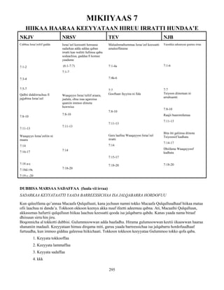 295
MIKIIYAAS 7
HIIKAA HAARAA KEEYYATAAN HIRUU IRRATTI HUNDAA’E
NKJV NRSV TEV NJB
Cubbuu Israa’eeliif gadda
7:1-2
7:3-4
7:5-7
Qalbii diddiirrachuu fi
jajjabina Israa’eel
7:8-10
7:11-13
Waaqayyo Israa’eeliin ni
maara
7:14
7:16-17
7:18 a-c
7:18d-19b
7:19 c -20
Israa’eel keessatti hawaasa
sadarkaa adda addaa qaban
irratti kan walitti fufiinsa qabu
sodaachisa, gaddaa fi komee
yaadame
(6:1-7:7)
7:1-7
Waaqayyo Israa’eeliif araara,
jaalala, obsa isaa agarsiisa
qaaniin immoo diinota
huwwisa
7:8-10
7:11-13
7:14
7:18-20
Malaalnmaltummaa Israa’eel keessatti
amaleeffatame
7:1-4a
7:4b-6
7:7
Gooftaan fayyina ni fida
7:8-10
7:11-13
Gara laafina Waaqayyoo Israa’eel
irratti
7:14
7:15-17
7:18-20
Yaookka aduunyaa guutuu irraa
7:1-6
7:7
Tsiyoon diinotaan ni
arrabsamti
7:8-10
Raajii haaromfamaa
7:11-13
Bita itti galiinsa diinota
Tsiyooniif kadhata
7:14-17
Dhiifama Waaqayyoof
kadhata
7:18-20
DUBBISA MARSAA SADAFFAA (fuula vii irraa)
SADARKAA KEYYATAATTI YAADA BARREESSICHAA ISA JALQABARRA HORDOFUU
Kun qaleelfama qo’annaa Macaafa Qulqulluuti, kana jechuun namni tokko Macaafa Qulqulluudhaaf hiikaa mataa
ofii laachuu ni danda’a. Tokkoon okkoon keenya akka nuuf ifeetti adeemuu qabna. Ati, Macaafni Qulqulluun,
akkasumas hafurrii qulqulluun hiikaa laachuu keessatti qooda isa jalqabarra qabdu. Kanas yaada nama biraaf
dhiisuun sirra hin jiru.
Boqonnicha al tokkotti dubbisi. Gulummoowwan adda baafadhu. Hirama gulumoowwan keetii iikaawwan haaraa
shananiin madaali. Keeyyataan himuu dirqama miti, garuu yaada barreessichaa isa jalqabarra hordofuudhaaf
furtuudha, kun immoo gidduu galeessa hiikichaati. Tokkoon tokkoon keeyyataa Gulummoo tokko qofa qaba.
1. Keyyata tokkooffaa
2. Keeyyata lammaffaa
3. Keyyata sadaffaa
4. kkk
 