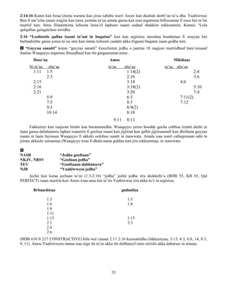 35
2:14-16 Kunni kan Israa’eloota warana kan jiruu sababa warri Asoor kan duubati deebi’an ta’u dha. Yaahiwwee
Bau fi mo’icha isaani wajjiin kan turee yemmu ta’uu amma garuu kan isaa argamuun billissumaa fi osoo hin ta’iin
murtiif ture. Innis filatamtoota loltoota Israa’el lapheen isaani sodaaf shakkiin rukkuuteera. Kunnis “Lola
qulqulluu galagalchoo sirridha.
2:16 “Looltootis qullaa isaani ta’ani in baqatuu” kun kan argisiisu meeshaa hundumaa fi wayyaa hin
barbaahiifne gatuu yeroo ta’uu inni kun immo loltooni caalatti akka fiigaani baqatan isaan godha ture.
 “Guyyaa sanatti” kunni “guyyaa sanatti” Goochimni jedhu u jaarraa 18 raajjoni murtiidhaaf hara’umsaaf
ilaaluu Waaqayyo argamuu ibsuudhaaf kan itti gargaaraman turee .
Hose’aa Amos Mikihaas
Ni ta’aa alta’aa ta’aa alta’aa ta’aa alta’aa
1:11 1:5 1:14(2) 2:4
2:3 2:16 3:6
2:15 3:14 4:6
2:16 3:18(2) 5:10
2:21 3:20 7:4
5:9 6:3 7:11(2)
7:5 8:3 7:12
9:5 8:9(2)
10:14 8:10
9:11 8:13
Fakkeenyi kun raajoota biratti kan baratameedha. Waaqayyo yeroo boodde gocha cubbuu irrattti deebi in
laata garuu dabalataniis laphee isaaniitii fi gochaa isaani kan jijjiiran kan qalbii jijjiiraanaafi kan dhiifama guyyaa
isaani in laata fayisuun Waaqayyo fi akkeki oolchuu isaatti in raawwata. Amala isaa warri callaqisisaan sabi in
jiiratu akkeeki uumamaa (Waaqayyo irraa fi dhala nama gidduu kan jiru tokkummaa, in raawwata.

NASB “Jedha gooftaan”
NKJV, NRSV “Goofaan jedha”
TEV “Gooftaaan dubbateera”
NJB “Yaahiwween jedha”
Jechii kun kutaa jechaan ta’ee (1:3-2:16) “jedha” jechii jedhu irra deddeebi’a (BDB 55, KB 65, Qal
PERFECT) isaan murtiin kun Amos irraa utuu hin ta’iin Yaahiwwee irra akka ta’e in argisiisa.
Brbaachisaa gudunfaa
1:3 1:5
1:6 1:8
1:9
1:11
1:13 1:15
2:1 2:3
2:4
2:6
(BDB 610 fi 217 CONSTRACTIVE) bifa wal cinaan 2:11 2:16 keessattidha (fakkeenyaa, 3:13, 4:3, 6:8, 14, 8:3,
9, 11). Amos Yaahiwween mataa isaa erga ifa ta’ee akka itti dubbateef innis sirriitti akka dabarsee in amana.
 
