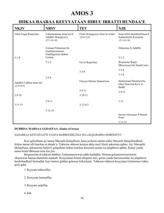 36
AMOS 3
HIIKAA HAARAA KEEYYATAAN HIRUU IRRATTI HUNDAA’E
NKJV NRSV TEV NJB
Aboo Ergaa Raajootaa
3:1-8
Adabbii Cubbuu Israa’eel
(3:9-4:5)
3:9-10
3:11-15
Cubamummaa Israa’eel fi
Adabbii Waaqayyoo
(3:1-6:14)
Carraan Filatamuu Itti
Gaafatamummaa
Gadifageenya Qaban
Uuman
3:1-2
3:3-8
3:9-11
3:12-15
Firdii Waaqayyoo Israa’ee irratti
(2:6-3:2)
Ga’ee Raajichaa
3:3-8
Guyyaa Hamaa Samaariyaa
3:9-11
3:10-11
3:12-4:3
Israa’eeliif akeekkachiisaa fi
Sodaachisfin Kenname
(3:1-6:14)
Filatamuu fi Adabbii
3:1-2
Waamicha Raajii
Dhowwuun hin Danda’amu
3:3-8
3:7-8
Samariyaan Hammeecha
Ishee Irraa kan Ka’e ni
Baddi
3:9-11
3:12
Qannoo Damasqoo fi Beeteel
Irratti
3:13-15
DUBBISA MARSAA SADAFFAA (fuula vii irraa)
SADARKAA KEYYATAATTI YAADA BARREESSICHAA ISA JALQABARRA HORDOFUU
Kun qaleelfama qo’annaa Macaafa Qulqulluuti, kana jechuun namni tokko Macaafa Qulqulluudhaaf
hiikaa mataa ofii laachuu ni danda’a. Tokkoon okkoon keenya akka nuuf ifeetti adeemuu qabna. Ati, Macaafni
Qulqulluun, akkasumas hafurrii qulqulluun hiikaa laachuu keessatti qooda isa jalqabarra qabdu. Kanas yaada
nama biraaf dhiisuun sirra hin jiru.
Boqonnicha al tokkotti dubbisi. Gulummoowwan adda baafadhu. Hirama gulumoowwan keetii
iikaawwan haaraa shananiin madaali. Keeyyataan himuu dirqama miti, garuu yaada barreessichaa isa jalqabarra
hordofuudhaaf furtuudha, kun immoo gidduu galeessa hiikichaati. Tokkoon tokkoon keeyyataa Gulummoo tokko
qofa qaba.
1. Keyyata tokkooffaa
2. Keeyyata lammaffaa
3. Keyyata sadaffaa
4. kkk
 