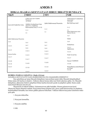 60
AMOS 5
HIIKAA HAARAA KEEYYATAAN HIRUU IRRATTI HUNDAA’E
NKJV NRSV TEV NJB
Israa’eeliif Gadda Boo’ichaa
5:1-3
Qalbii Diddiirrannaaf Waamicha
5:4-9
5:10-13
5:14-15
Guyyaa Gooftaa
5:16-17
5:18-20
5:21-24
5:25-27
Cubbuu Israa’eelii fi Adabbii
Waaqayyoo
(3:1-6:14)
Adabbiin Soodaachisaa fi kan
isheef Ta’u Adabbiinn
Raawwatamuu Isaa (5:1-6:14)
5:1-2
5:3
5:4-5
5:6-7
5:8-9
5:10-13
5:14-15
5:16-17
5:18-20
5:21-24
5:25-27
Qalbii Diddiirrannaaf Waamicha
5:1-2
5:3
5:4-5
5:6-7
5:8-9
5:10-13
5:14-15
5:16-17
5:18-20
5:21-24
5:25-27
Akakeechasaa fi sodaachisaa
Israa’eeliif
(3:1-6:14)
Boo’icha Israa’eeliif
5:1-2
5:3
Qalbii Diddiirrannaa malee
fayyinni Hin jiru
5:4-7
Galata
5:8-9
Sodaachisuu
5:10-13
Jajjabeessuu
5:14-15
Firdii Ta’uuf Jiru
5:16-17
Guyyaa YAHIWEH
5:18-20
Waaqeffannaa amaleeffannaaf
ta’u irratti
5:21-24
DUBBISA MARSAA SADAFFAA (fuula vii irraa)
SADARKAA KEYYATAATTI YAADA BARREESSICHAA ISA JALQABARRA HORDOFUU
Kun qaleelfama qo’annaa Macaafa Qulqulluuti, kana jechuun namni tokko Macaafa Qulqulluudhaaf
hiikaa mataa ofii laachuu ni danda’a. Tokkoon okkoon keenya akka nuuf ifeetti adeemuu qabna. Ati, Macaafni
Qulqulluun, akkasumas hafurrii qulqulluun hiikaa laachuu keessatti qooda isa jalqabarra qabdu. Kanas yaada
nama biraaf dhiisuun sirra hin jiru.
Boqonnicha al tokkotti dubbisi. Gulummoowwan adda baafadhu. Hirama gulumoowwan keetii
iikaawwan haaraa shananiin madaali. Keeyyataan himuu dirqama miti, garuu yaada barreessichaa isa jalqabarra
hordofuudhaaf furtuudha, kun immoo gidduu galeessa hiikichaati. Tokkoon tokkoon keeyyataa Gulummoo tokko
qofa qaba.
1. Keyyata tokkooffaa
2. Keeyyata lammaffaa
3. Keyyata sadaffaa
4. kkk
 