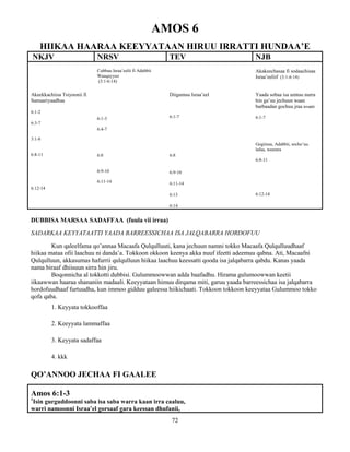 72
AMOS 6
HIIKAA HAARAA KEEYYATAAN HIRUU IRRATTI HUNDAA’E
NKJV NRSV TEV NJB
Akeekkachiisa Tsiyoonii fi
Samaariyaadhaa
6:1-2
6:3-7
3:1-8
6:8-11
6:12-14
Cubbuu Israa’eelii fi Adabbii
Waaqayyoo
(3:1-6:14)
6:1-3
6:4-7
6:8
6:9-10
6:11-14
Diigamuu Israa’eel
6:1-7
6:8
6:9-10
6:11-14
6:13
6:14
Akakeechasaa fi sodaachisaa
Israa’eeliif (3:1-6:14)
Yaada sobaa isa umtuu nurra
hin ga’uu jechuun waan
barbaadan gochuu jraa irratti
6:1-7
Gogiinsa, Adabbii, socho’uu
lafaa, weerara
6:8-11
6:12-14
DUBBISA MARSAA SADAFFAA (fuula vii irraa)
SADARKAA KEYYATAATTI YAADA BARREESSICHAA ISA JALQABARRA HORDOFUU
Kun qaleelfama qo’annaa Macaafa Qulqulluuti, kana jechuun namni tokko Macaafa Qulqulluudhaaf
hiikaa mataa ofii laachuu ni danda’a. Tokkoon okkoon keenya akka nuuf ifeetti adeemuu qabna. Ati, Macaafni
Qulqulluun, akkasumas hafurrii qulqulluun hiikaa laachuu keessatti qooda isa jalqabarra qabdu. Kanas yaada
nama biraaf dhiisuun sirra hin jiru.
Boqonnicha al tokkotti dubbisi. Gulummoowwan adda baafadhu. Hirama gulumoowwan keetii
iikaawwan haaraa shananiin madaali. Keeyyataan himuu dirqama miti, garuu yaada barreessichaa isa jalqabarra
hordofuudhaaf furtuudha, kun immoo gidduu galeessa hiikichaati. Tokkoon tokkoon keeyyataa Gulummoo tokko
qofa qaba.
1. Keyyata tokkooffaa
2. Keeyyata lammaffaa
3. Keyyata sadaffaa
4. kkk
QO’ANNOO JECHAA FI GAALEE
Amos 6:1-3
1
Isin gurguddoonni saba isa saba warra kaan irra caaluu,
warri namoonni Israa’el gorsaaf gara keessan dhufanii,
 