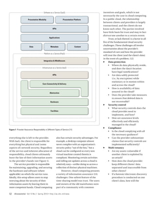 Software as a Service (SaaS)                                  incentives and goals, which is not
                                                                                                        necessarily the case in cloud computing.
                       Presentation Modality                        Presentation Platform               In a public cloud, the relationship
                                                                                                        between clients and providers is largely
                                                                                                        transactional, and the clients do not
                                                       APIs                                             know each other. The parties involved
                                                                                                        have little basis for trust and may in fact
                                                                                                        distrust one another to a certain extent.
                                                    Applications
                                                                                                              Trust, or lack thereof, is a factor in all
                                                                                                        five of the fundamental cloud security
                                                                                                        challenges. These challenges all involve
                        Data                         Metadata                    Content
                                                                                                        uncertainties about the provider’s
                                                                                                        standard of care and how the provider
                                          Platform as a Service (PaaS)
                                                                                                        will treat the client (and the client’s data)
                                                                                                        in the event of a problem. [12]
                                          Integration & Middleware
                                                                                                        ff Data protection
                                                                                                              •• Where do data physically reside,
                                        Infrastructure as a Service (IaaS)                                        and does the data’s location
                                                                                                                  have legal ramifications?
                                                       APIs                                                   •• Are data safely protected
                                                                                                                  (i.e., by encryption) while
                                                                                                                  stationary or in motion within
                                        Core Connectivity & Delivery
                                                                                                                  and across the cloud?
                                                                                                              •• How is availability of data
                                                                                                                  assured in the cloud?
                                                    Abstraction
                                                                                                              •• Does the provider take measures
                                                                                                                  to ensure that deleted data is
                                                     Hardware                                                     not recoverable?
                                                                                                        ff Security control
                                                                                                              •• What security controls does the
                                                     Facilities                                                   cloud provider need to
                                                                                                                  implement, and how?
                                                                                                              •• How are assurance levels
                                                                                                                  effectively and efficiently
                                                                                                                  managed in the cloud?
                                                                                                        ff Compliance
Figure 1 Provider Assurance Responsibility in Different Types of Service [11]
                                                                                                              •• Is the cloud complying with all
                                                                                                                  the necessary guidance?
everything else is left to the provider.                    also has certain security advantages. For         •• Can the provider substantiate
With IaaS, the client is responsible for                    example, a desktop computer almost                    claims that security controls are
everything but physical and (some                           never complies with an organization’s                 implemented sufficiently?
aspects of) network security. Regardless                    security policy “out of the box,” but a     ff Multi-tenancy
of the service and inherent allocation of                   cloud can be configured so every new              •• Are my assets vulnerable if
responsibility, cloud clients ultimately                    virtual machine created therein is                    another client is exploited by
leave the fate of their information assets                  compliant. Monitoring certain activities              an attack?
in the provider’s hands (see Figure 1).                     and rolling out updates across a cloud is         •• How does the cloud provider
     The service provider is responsible                    relatively easy—unlike doing so across a              keep different clients’ data
for maintaining, upgrading, and securing                    collection of distinct physical machines.             separated and inaccessible from
the hardware and software (where                                 However, cloud computing presents                other clients?
applicable) on which the service runs.                      a variety of information assurance (IA)           •• If a forensic/electronic discovery
Ideally, this setup allows users to stop                    challenges. One salient feature of the                procedure is conducted on one
worrying about the security of their                        time-sharing model was trust. The users               client’s data, how will the
information assets by leaving them in                       and owners of the old mainframes were
more competent hands. Cloud computing                       part of a community with common

12    IAnewsletter Vol 13 No 2 Spring 2010      •   http://iac.dtic.mil/iatac
 