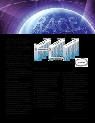 workflow process; and (2) reduce or




                                                                                                                                                          ne
eliminate duplication of documentation.


                                                                ) ud




                                                                                                        ) ud




                                                                                                                                                      Zo
                                                              EV lo




                                                                                                      EV lo




                                                                                                                                                  n
                                                            (D C




                                                                                                    (D C




                                                                                                                                                 io
                                                           B ute




                                                                                                   A ute




                                                                                                                                                 ct
Eliminating duplication of effort across




                                                                                                                                            du
                                                        ne mp




                                                                                                ne mp




                                                                                                                                             o
                                                                                                                                          Pr
                                                      Zo Co




                                                                                              Zo Co




                                                                                                                                     ed
                                                        CE




                                                                                                CE
the organizations involved in the




                                                                                                                                     iz
                                                    RA




                                                                                          RA




                                                                                                                                 al
                                                                                                                                tu
                                                                                                                                 r
                                                                                                                              Vi
decision making would reduce the time
required for a system to reach approval              Environment Promotion to Test

to operate (ATO). In addition,
eliminating the duplicate
documentation would both reduce the
possibility of inconsistencies and
                                                                                     Environment Promotion to Production
eliminate the need for the customer to
create multiple documents that contain
                                                                                                                                                                 NIPRNet / GIG
duplicate information, which would
further reduce the time to complete the
C&A process.
                                              Figure 1 Path-To-Production
     The analysis of the current
processes, responsibilities, and artifacts
                                              leveraging inheritance of IA controls from                                   RACE Standards
gave DISA the groundwork for designing
                                              the RACE cloud and DECC environments.                                        A key aspect of designing the RACE
a more efficient C&A workflow process
                                                   A number of characteristics were                                        Path‑to‑Production process was
(Path‑to‑Production).
                                              incorporated into the RACE Path-to-                                          defining a set of standards that provide
                                              Production process that were key to                                          the framework of the streamlined
Path-to-Production
                                              streamlining and customizing the                                             process. These standards enable rapid
DoD organizations use the RACE cloud
                                              current process. DISA focused on the                                         provisioning and promotion within the
for application development and testing,
                                              areas that offered the greatest return:                                      virtual environments. Examples of
and to prepare for deployment into a
                                              ff Define standards and                                                      RACE standards include:
production environment. Path-to-
                                                   entrance criteria                                                       ff The development and test process
Production refers to the process that an
                                              ff Streamline the approval process                                                must be completed in a virtualized
organization follows to promote the
                                              ff Reduce or eliminate duplication of                                             environment.
application developed in a virtualized
                                                   effort and documentation                                                ff Customers must start with
environment from development to test,
                                              ff Incorporate inheritance of IA                                                  provisioned VOEs provided
and from test into a Defense Enterprise
                                                   controls as defined by DoDI 8510.01                                          by RACE.
Computing Center (DECC) production
                                              ff Develop hardened virtual                                                  ff The Enterprise Mission Assurance
environment (Figure 1). The
                                                   operating environments (VOE)                                                 Support Service (eMASS)
Path‑to‑Production process reduces the
                                              ff Implement a RACE portal.                                                       application must be used as the
total time required to obtain accreditation
                                                                                                                                C&A automation tool and
of an application from an average of 120
                                                                                                                                central repository.
days to under 40 days, in part, by
streamlining approval workflows and


                                                                                              IAnewsletter Vol 13 No 2 Spring 2010                    •   http://iac.dtic.mil/iatac   17
 