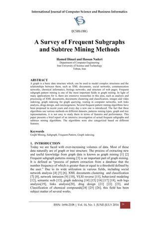 International Journal of Computer Science and Business Informatics
IJCSBI.ORG
ISSN: 1694-2108 | Vol. 14, No. 1. JUNE-JULY 2014 39
A Survey of Frequent Subgraphs
and Subtree Mining Methods
Hamed Dinari and Hassan Naderi
Department of Computer Engineering
Iran University of Science and Technology
Tehran, Iran
ABSTRACT
A graph is a basic data structure which, can be used to model complex structures and the
relationships between them, such as XML documents, social networks, communication
networks, chemical informatics, biology networks, and structure of web pages. Frequent
subgraph pattern mining is one of the most important fields in graph mining. In light of
many applications for it, there are extensive researches in this area, such as analysis and
processing of XML documents, documents clustering and classification, images and video
indexing, graph indexing for graph querying, routing in computer networks, web links
analysis, drugs design, and carcinogenesis. Several frequent pattern mining algorithms have
been proposed in recent years and every day a new one is introduced. The fact that these
algorithms use various methods on different datasets, patterns mining types, graph and tree
representations, it is not easy to study them in terms of features and performance. This
paper presents a brief report of an intensive investigation of actual frequent subgraphs and
subtrees mining algorithms. The algorithms were also categorized based on different
features.
Keywords
Graph Mining, Subgraph, Frequent Pattern, Graph indexing.
1. INTRODUCTION
Today we are faced with ever-increasing volumes of data. Most of these
data naturally are of graph or tree structure. The process of extracting new
and useful knowledge from graph data is known as graph mining [1] [2]
Frequent subgraph patterns mining [3] is an important part of graph mining.
It is defined as “process of pattern extraction from a database that the
number frequency of which is greater than or equal to a threshold defined by
the user.” Due to its wide utilization in various fields, including social
network analysis [4] [5] [6], XML documents clustering and classification
[7] [8], network intrusion [9] [10], VLSI reverse [11], behavioral modeling
[12], semantic web [13], graph indexing [14] [15] [16] [17] [18], web logs
analysis[19], links analysis[20], drug design [21] [22] [23], and
Classification of chemical compounds[24] [25] [26], this field has been
subject matter of several works.
 