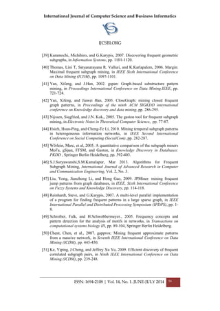 International Journal of Computer Science and Business Informatics
IJCSBI.ORG
ISSN: 1694-2108 | Vol. 14, No. 1. JUNE-JULY 2014 54
[39] Kuramochi, Michihiro, and G.Karypis, 2007. Discovering frequent geometric
subgraphs, in Information Systems, pp. 1101-1120.
[40] Thomas, Lini T, Satyanarayana R. Valluri, and K.Karlapalem, 2006. Margin:
Maximal frequent subgraph mining, in IEEE Sixth International Conference
on Data Mining (ICDM), pp. 1097-1101.
[41] Yan, Xifeng, and J.Han, 2002. gspan: Graph-based substructure pattern
mining, in Proceedings International Conference on Data Mining.IEEE, pp.
721-724.
[42] Yan, Xifeng, and Jiawei Han, 2003. CloseGraph: mining closed frequent
graph patterns, in Proceedings of the ninth ACM SIGKDD international
conference on Knowledge discovery and data mining, pp. 286-295.
[43] Nijssen, Siegfried, and J.N. Kok., 2005. The gaston tool for frequent subgraph
mining, in Electronic Notes in Theoretical Computer Science, pp. 77-87.
[44] Hsieh, Hsun-Ping, and Cheng-Te Li, 2010. Mining temporal subgraph patterns
in heterogeneous information networks, in IEEE Second International
Conference on Social Computing (SocialCom), pp. 282-287.
[45] Wörlein, Marc, et al, 2005. A quantitative comparison of the subgraph miners
MoFa, gSpan, FFSM, and Gaston, in Knowledge Discovery in Databases:
PKDD , Springer Berlin Heidelberg, pp. 392-403.
[46] S.J.Suryawanshi,S.M.Kamalapur, Mar 2013. Algorithms for Frequent
Subgraph Mining, International Journal of Advanced Research in Computer
and Communication Engineering, Vol. 2, No. 3.
[47] Liu, Yong, Jianzhong Li, and Hong Gao, 2009. JPMiner: mining frequent
jump patterns from graph databases, in IEEE, Sixth International Conference
on Fuzzy Systems and Knowledge Discovery, pp. 114-118.
[48] Reinhardt, Steve, and G.Karypis, 2007. A multi-level parallel implementation
of a program for finding frequent patterns in a large sparse graph, in IEEE
International Parallel and Distributed Processing Symposium (IPDPS), pp. 1-
8.
[49] Schreiber, Falk, and H.Schwobbermeyer., 2005. Frequency concepts and
pattern detection for the analysis of motifs in networks, in Transactions on
computational systems biology III, pp. 89-104, Springer Berlin Heidelberg.
[50] Chent, Chen, et al., 2007. gapprox: Mining frequent approximate patterns
from a massive network, in Seventh IEEE International Conference on Data
Mining (ICDM), pp. 445-450.
[51] Ke, Yiping, J.Cheng, and Jeffrey Xu Yu, 2009. Efficient discovery of frequent
correlated subgraph pairs, in Ninth IEEE International Conference on Data
Mining (ICDM), pp. 239-248.
 