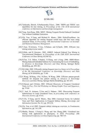 International Journal of Computer Science and Business Informatics
IJCSBI.ORG
ISSN: 1694-2108 | Vol. 14, No. 1. JUNE-JULY 2014 56
[65] Tatikonda, Shirish, S.Parthasarathy,T.Kurc., 2006. TRIPS and TIDES: new
algorithms for tree mining, in Proceedings of the 15th ACM international
conference on Information and knowledge management.
[66] Tung, Jiun-Hung, 2006. MINT: Mining Frequent Rooted Induced Unordered
Tree without Candidate Generation.
[67] Chi, Yun, Y.Yang, and Richard R. Muntz., 2004. HybridTreeMiner: An
efficient algorithm for mining frequent rooted trees and free trees using
canonical forms, in Proceedings 16th International Conference on Scientific
and Statistical Database Management.
[68] T.Asai, H.Arimura, T.Uno, S.Nakano and K.Satoh, 2008. Efficient tree
mining using reverse search.
[69] S.Hido, and H. Kawano., 2005. AMIOT: Induced Ordered Tree Mining in
Tree-structured Databases, in Proceedings of the Fifth IEEE International
Conference on Data Mining (ICDM’05).
[70] H.Tan, T.S. Dillon, F.Hadzic, E.Chang, and L.Feng, 2006. IMB3-Miner:
Mining Induced/Embedded Subtrees by Constraining the Level of Embedding,
in Advances in Knowledge Discovery and Data Mining, Springer Berlin
Heidelberg, pp. 450–461.
[71] M.J.Zaki, 2002. Efficiently mining frequent trees in a forest, in In Proceedings
of the 8th International Conference on Knowledge Discovery and Data
Mining (ACM SIGKDD), pp. 71-80.
[72] C.Wang, M.Hong, J.Pei, H.Zhou, W.Wang, 2004. Efficient pattern-growth
methods for frequent tree pattern mining, in Advances in Knowledge
Discovery and Data Mining, Springer Berlin Heidelberg, pp. 441-451.
[73] S.Nijssen and J.N.Kok, 2003. Efficient Discovery of Frequent Unordered
Trees, in Proc. First Intl Workshop on Mining Graphs Trees and Sequences,
pp. 55-64.
[74] T. Asai, H. Arimura, T.Uno and S. Nakano., 2003. Discovering Frequent
Substructures in Large Unordered Trees, in procceding sixth conference on
Discovery Science, pp. 47-61.
[75] Y.Chi, Y.Yang, and R. Muntz., May 2004. Canonical Forms for Labeled
Trees and Their Applications in Frequent Subtree Mining, Knowledge and
Information Systems, No. 8.2, pp. 203-234.
[76] Chi, Yun, et al.,2005. Frequent subtree mining-an overview, in Fundamenta
Informaticae, pp. 161-198.
[77] Shasha, Dennis, J.Tsong-Li Wang and Sen Zhang.,2004. Unordered tree
mining with applications to phylogeny, in IEEE Proceedings 20th
International Conference on Data Engineering, pp. 708-719.
 