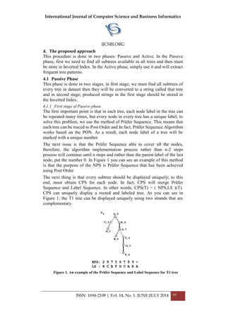 International Journal of Computer Science and Business Informatics
IJCSBI.ORG
ISSN: 1694-2108 | Vol. 14, No. 1. JUNE-JULY 2014 69
4. The proposed approach
This procedure is done in two phases: Passive and Active. In the Passive
phase, first we need to find all subtrees available in all trees and then must
be store in Inverted Index. In the Active phase, simply use it and will extract
frequent tree patterns.
4.1 Passive Phase
This phase is done in two stages, in first stage; we must find all subtrees of
every tree in dataset then they will be converted to a string called that tree
and in second stage; produced strings in the first stage should be stored in
the Inverted Index.
4.1.1 First stage of Passive phase
The first important point is that in each tree, each node label in the tree can
be repeated many times, but every node in every tree has a unique label; to
solve this problem, we use the method of Prüfer Sequence. This means that
each tree can be traced to Post Order and In fact, Prüfer Sequence Algorithm
works based on the PON. As a result, each node label of a tree will be
marked with a unique number.
The next issue is that the Prüfer Sequence able to cover all the nodes,
therefore, the algorithm implementation process rather than n-2 steps
process will continue until n steps and rather than the parent label of the last
node, put the number 0. In Figure 1 you can see an example of this method
is that the purpose of the NPS is Prüfer Sequence that has been achieved
using Post Order.
The next thing is that every subtree should be displayed uniquely; to this
end, must obtain CPS for each node. In fact, CPS will merge Prüfer
Sequence and Label Sequence. In other words, CPS(T) = ( NPS,LS )(T).
CPS can uniquely display a rooted and labeled tree. As you can see in
Figure 1, the T1 tree can be displayed uniquely using two strands that are
complementary.
Figure 1. An example of the Prüfer Sequence and Label Sequence for T1 tree
 