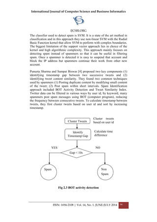 International Journal of Computer Science and Business Informatics
IJCSBI.ORG
ISSN: 1694-2108 | Vol. 14, No. 1. JUNE-JULY 2014 96
The classifier used to detect spam is SVM. It is a state of the art method in
classification and in this approach they use non-linear SVM with the Radial
Basic Function kernel that allow SVM to perform with complex boundaries.
The biggest limitation of the support vector approach lies in choice of the
kernel and high algorithmic complexity. This approach mainly focuses on
detecting spam instead of spammers so that it can be useful in filtering
spam. Once a spammer is detected it is easy to suspend that account and
block the IP address but spammers continue their work from other new
account.
Puneeta Sharma and Sampat Biswas [4] proposed two key components (1)
identifying timestamp gap between two successive tweets and (2)
identifying tweet content similarity. They found two common techniques
used by spammers (1) Posting duplicate content by modifying small content
of the tweet; (2) Post spam within short intervals. Spam Identification
approach included BOT Activity Detection and Tweet Similarity Index.
Twitter data can be filtered in various ways by user id, by keyword, many
spammers post spam messages using BOT (computer program), reducing
the frequency between consecutive tweets. To calculate timestamp between
tweets, they first cluster tweets based on user id and sort by increasing
timestamp.
Fig 2.3 BOT activity detection
Cluster Tweets
Identify
Timestamp Gap
Gap < 10s
Spam Non
Spam
Cluster tweets
based on user id
Calculate time
difference
YES NO
 