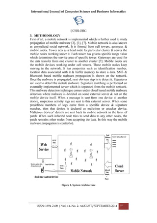 International Journal of Computer Science and Business Informatics
IJCSBI.ORG
ISSN: 1694-2108 | Vol. 14, No. 2. AUGUST/SEPTEMBER 2014 18
3. METHODOLOGY
First of all, a mobile network is implemented which is further used to study
propagation of mobile malware [2], [3], [7]. Mobile network is also known
as generalized social network. It is formed from cell towers, gateways &
mobile nodes. Tower acts as a head node for particular cluster & serves the
mobile nodes working under it. Each tower has givena specific range value
which determines the service area of specific tower. Gateways are used for
the data transfer from one cluster to another cluster [7]. Mobile nodes are
the mobile devices working under cell towers. These mobile nodes keep
moving in the network. It has properties such as identification number,
location data associated with it & buffer memory to store a data. SMS &
Bluetooth based mobile malware propagation is shown on the network.
Once the malware is propagated, next obvious step is to detect it. Signatures
are used to detect the mobile malware. Signature matching is performed on
externally implemented server which is separated from the mobile network.
This malware detection technique comes under cloud based mobile malware
detection where malware is detected on some external server & not on the
mobile device itself. When a message is sent from one device to another
device, suspicious activity logs are sent to this external server. When some
predefined numbers of logs come from a specific device & signature
matches, then that device is declared as malicious or attacker device.
Malicious devices’ details are sent back to mobile network in the form of
patch. When such infected node tries to send data to any other nodes, the
patch restrains other nodes from accepting the data. In this way the mobile
malware propagation is controlled.
Figure 1. System Architecture
 