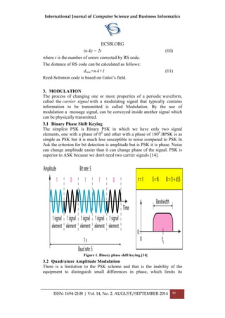 International Journal of Computer Science and Business Informatics
IJCSBI.ORG
ISSN: 1694-2108 | Vol. 14, No. 2. AUGUST/SEPTEMBER 2014 40
(n-k) = 2t (10)
where t is the number of errors corrected by RS code.
The distance of RS code can be calculated as follows:
dmin=n-k+1 (11)
Reed-Solomon code is based on Galoi’s field.
3. MODULATION
The process of changing one or more properties of a periodic waveform,
called the carrier signal with a modulating signal that typically contains
information to be transmitted is called Modulation. By the use of
modulation a message signal, can be conveyed inside another signal which
can be physically transmitted.
3.1 Binary Phase Shift Keying
The simplest PSK is Binary PSK in which we have only two signal
elements, one with a phase of 00
and other with a phase of 1800
.BPSK is as
simple as PSK but it is much less susceptible to noise compared to PSK In
Ask the criterion for bit detection is amplitude but is PSK it is phase. Noise
can change amplitude easier than it can change phase of the signal. PSK is
superior to ASK because we don't need two carrier signals [14].
Figure 1. Binary phase shift keying.[14]
3.2 Quadrature Amplitude Modulation
There is a limitation to the PSK scheme and that is the inability of the
equipment to distinguish small differences in phase, which limits its
 