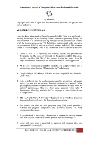 International Journal of Computer Science and Business Informatics
IJCSBI.ORG
ISSN: 1694-2108 | Vol. 14, No. 2. AUGUST/SEPTEMBER 2014 67
languages; make use of open and free educational resources; and provide free
storage and more.
VI. COMPREHENSIVE E-LMS
Using the knowledge acquired from the survey listed in Table V, a web based e-
learning system specific for learning Object Oriented Programming Using C++
was developed. It is a minimal working prototype which gives the look and feel
of all the learning components [17] that utilizes various social tools, interactive
environments of Web 2.0, various web based services and cloud. The proposed
system is available at [18]. Some of the key features of the system are as follows:
1. Cloud is used as a repository for learning objects like presentations,
documents, etc. The cloud service used for this purpose is [19]. The service
provider provides 500 GB of free storage, freeing the server from the
respective overload and enables the researchers to focus on the application.
2. All the video lessons are uploaded to YouTube.com and played here. This is
implemented using the open APIs provided by YouTube.com.
3. Google Gadgets, like Google Calendar are used to publish the Schedule /
Course plan.
4. Links to different sites for non human resources like animations, references,
books, journals, articles and other forms of media are incorporated. Online
quizzes produce the result of the quiz and mail it to the stakeholders about the
learners’ performance. This was done using Question writer [20]. A
dictionary of all the key words in the C++ language, a custom built software
is also provided.
5. REST API and other API provided by FaceBook are used to build discussion
forum and chat room features for those attending the course.
6. The learners can also test their programs using [21], which provides a
platform for program compilation and execution facility for many
programming languages.
7. A question bank is a repository of questions to support the learning process.
This web solution also holds a sample question bank for learning C++.
8. Using [22] mind map is generated to represent and structure ideas and
concepts of C++ graphically.
 