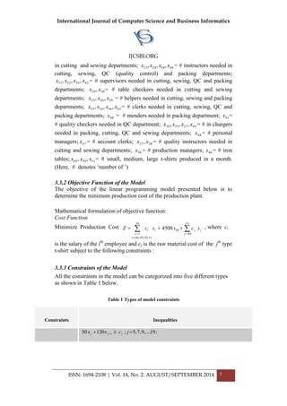 International Journal of Computer Science and Business Informatics
IJCSBI.ORG
ISSN: 1694-2108 | Vol. 14, No. 2. AUGUST/SEPTEMBER 2014 5
in cutting and sewing departments; 44542423 ,,, xxxx = # instructors needed in
cutting, sewing, QC (quality control) and packing departments;
42553231 ,,, xxxx = # supervisors needed in cutting, sewing, QC and packing
departments; 3029, xx = # table checkers needed in cutting and sewing
departments; 392625 ,, xxx = # helpers needed in cutting, sewing and packing
departments; 43563433 ,,, xxxx = # clerks needed in cutting, sewing, QC and
packing departments; 40x = # menders needed in packing department; 41x =
# quality checkers needed in QC department; 45373538 ,,, xxxx = # in chargers
needed in packing, cutting, QC and sewing departments; 48x = # personal
managers; 47x = # account clerks; 2827, xx = # quality instructors needed in
cutting and sewing departments; 36x = # production managers; 46x = # iron
tables; 515049 ,, xxx = # small, medium, large t-shirts produced in a month.
(Here, # denotes „number of ‟)
3.3.2 Objective Function of the Model
The objective of the linear programming model presented below is to
determine the minimum production cost of the production plant.
Mathematical formulation of objective function:
Cost Function
Minimize Production Cost  



51
49
46
51,50,49,46
56
1
4500
j
jji
i
i
i xcxxcZ , where ci
is the salary of the ith
employee and cj is the raw material cost of the jth
type
t-shirt subject to the following constraints :
3.3.3 Constraints of the Model
All the constraints in the model can be categorized into five different types
as shown in Table 1 below.
Table 1 Types of model constraints
Constraints Inequalities
19,,...9,7,5;12030 1   jcxx jjj
;
 