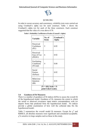 International Journal of Computer Science and Business Informatics
IJCSBI.ORG
ISSN: 1694-2108 | Vol. 14, No. 2. AUGUST/SEPTEMBER 2014 83
In order to secure accuracy and consistency, reliability tests were carried out
using Cronbach‟s alpha () for each construct. Table 1 shows the
Cronbach‟s alpha () for each of the three constructs. Each construct
suggested that the value of  was above 0.70.
Table 1: Reliability Coefficients of Scales (Cranach’s Alpha)
Variable
No. of
Items
Cronbach’s
Alpha
Perceived
Usefulness
(PU)
5 0.95
Perceived
Ease of Use
(PEOU)
6 0.92
Facilitating
Conditions
(FCond)
4 0.88
Social
Factors
(SoFact)
5 0.92
Behaviour
Intention
(BI)
3 0.91
(N = 418, Scale = 5-
point Likert scale).
3.4 Goodness of Fit Measures
There is a number of goodness of fit indices (GFIs) to assess the overall fit
of the hypothesized model. Goodness of fit, measures the extent to which
the actual or observed covariance input matrix correspondence with (or
departs from) that predicted from the hypothesized model. Fit indices
provide a global examination of how well the collected data fits the
hypothesized model.
Table 2 summarizes the overall model fit measures. Except for 2
and
RMSEA, all absolute measures were significant and considered acceptable.
2
is sensitive to large samples such as those in this study.
 