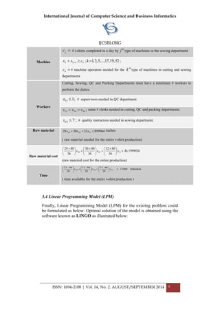 International Journal of Computer Science and Business Informatics
IJCSBI.ORG
ISSN: 1694-2108 | Vol. 14, No. 2. AUGUST/SEPTEMBER 2014 6
Machine
jc # t-shirts completed in a day by
th
j type of machines in the sewing department
52,19,17,...,5,3,1;1   kcxx kkk
;
kc # machine operators needed for the
th
k type of machines in cutting and sewing
departments
Workers
Cutting, Sewing, QC and Packing Departments must have a minimum # workers to
perform the duties.
155 x ; # supervisors needed in QC department.
;435633 xxx  same # clerks needed in cutting, QC and packing departments.
;728 x # quality instructors needed in sewing department.
Raw material 899964323029 515049  xxx inches
( raw material needed for the entire t-shirt production)
Raw material cost
1999920.
36
8032
36
8030
36
8029
515049 Rsxxx 




 





 





 
(raw material cost for the entire production)
Time
minutes12480
20
66.11
20
66.11
20
66.11
515049 

















xxx
( time available for the entire t-shirt production )
3.4 Linear Programming Model (LPM)
Finally, Linear Programming Model (LPM) for the existing problem could
be formulated as below. Optimal solution of the model is obtained using the
software known as LINGO as illustrated below:
 