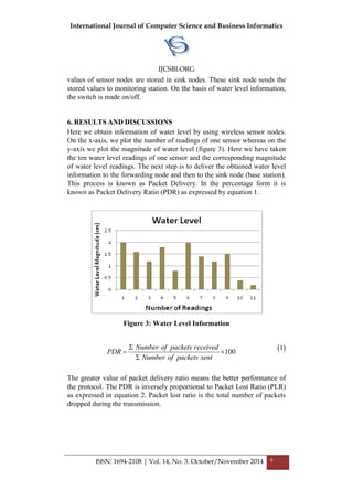 International Journal of Computer Science and Business Informatics
IJCSBI.ORG
ISSN: 1694-2108 | Vol. 14, No. 3. October/November 2014 9
values of sensor nodes are stored in sink nodes. These sink node sends the
stored values to monitoring station. On the basis of water level information,
the switch is made on/off.
6. RESULTS AND DISCUSSIONS
Here we obtain information of water level by using wireless sensor nodes.
On the x-axis, we plot the number of readings of one sensor whereas on the
y-axis we plot the magnitude of water level (figure 3). Here we have taken
the ten water level readings of one sensor and the corresponding magnitude
of water level readings. The next step is to deliver the obtained water level
information to the forwarding node and then to the sink node (base station).
This process is known as Packet Delivery. In the percentage form it is
known as Packet Delivery Ratio (PDR) as expressed by equation 1.
Figure 3: Water Level Information
The greater value of packet delivery ratio means the better performance of
the protocol. The PDR is inversely proportional to Packet Lost Ratio (PLR)
as expressed in equation 2. Packet lost ratio is the total number of packets
dropped during the transmission.
100
Number of packets received
Number of packets sent
PDR


   1
 