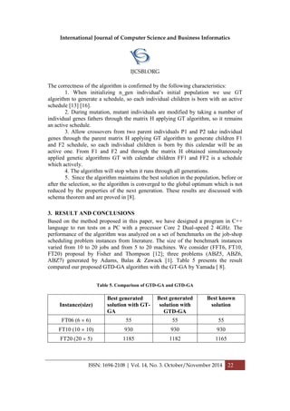 International Journal of Computer Science and Business Informatics
IJCSBI.ORG
ISSN: 1694-2108 | Vol. 14, No. 3. October/November 2014 22
The correctness of the algorithm is confirmed by the following characteristics:
1. When initializing n_gen individual's initial population we use GT
algorithm to generate a schedule, so each individual children is born with an active
schedule [13] [16].
2. During mutation, mutant individuals are modified by taking a number of
individual genes fathers through the matrix H applying GT algorithm, so it remains
an active schedule.
3. Allow crossovers from two parent individuals P1 and P2 take individual
genes through the parent matrix H applying GT algorithm to generate children F1
and F2 schedule, so each individual children is born by this calendar will be an
active one. From F1 and F2 and through the matrix H obtained simultaneously
applied genetic algorithms GT with calendar children FF1 and FF2 is a schedule
which actively.
4. The algorithm will stop when it runs through all generations.
5. Since the algorithm maintains the best solution in the population, before or
after the selection, so the algorithm is converged to the global optimum which is not
reduced by the properties of the next generation. These results are discussed with
schema theorem and are proved in [8].
3. RESULT AND CONCLUSIONS
Based on the method proposed in this paper, we have designed a program in C++
language to run tests on a PC with a processor Core 2 Dual-speed 2 4GHz. The
performance of the algorithm was analyzed on a set of benchmarks on the job-shop
scheduling problem instances from literature. The size of the benchmark instances
varied from 10 to 20 jobs and from 5 to 20 machines. We consider (FFT6, FT10,
FT20) proposal by Fisher and Thompson [12]; three problems (ABZ5, ABZ6,
ABZ7) generated by Adams, Balas & Zawack [1]. Table 5 presents the result
compared our proposed GTD-GA algorithm with the GT-GA by Yamada [ 8].
Table 5. Comparison of GTD-GA and GTD-GA
Instance(size)
Best generated
solution with GT-
GA
Best generated
solution with
GTD-GA
Best known
solution
FT06 (6  6) 55 55 55
FT10 (10  10) 930 930 930
FT20 (20  5) 1185 1182 1165
 