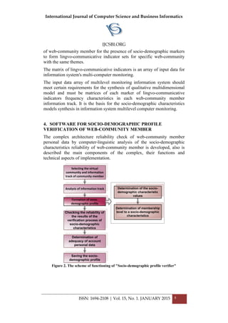 International Journal of Computer Science and Business Informatics
IJCSBI.ORG
ISSN: 1694-2108 | Vol. 15, No. 1. JANUARY 2015 8
of web-community member for the presence of socio-demographic markers
to form lingvo-communicative indicator sets for specific web-community
with the same themes.
The matrix of lingvo-communicative indicators is an array of input data for
information system's multi-computer monitoring.
The input data array of multilevel monitoring information system should
meet certain requirements for the synthesis of qualitative multidimensional
model and must be matrices of each marker of lingvo-communicative
indicators frequency characteristics in each web-community member
information track. It is the basis for the socio-demographic characteristics
models synthesis in information system multilevel computer monitoring.
4. SOFTWARE FOR SOCIO-DEMOGRAPHIC PROFILE
VERIFICATION OF WEB-COMMUNITY MEMBER
The complex architecture reliability check of web-community member
personal data by computer-linguistic analysis of the socio-demographic
characteristics reliability of web-community member is developed, also is
described the main components of the complex, their functions and
technical aspects of implementation.
Selecting the virtual
community and information
track of community member
Analysis of information track
Formation of socio-
demographic profile
Checking the reliability of
the results of the
verification process of
socio-demographic
characteristics
Determination of membership
level to a socio-demographic
characteristics
Determination of the socio-
demographic characteristic
values
Determination of
adequacy of account
personal data
Saving the socio-
demographic profile
Figure 2. The scheme of functioning of "Socio-demographic profile verifier"
 