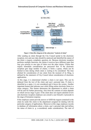 International Journal of Computer Science and Business Informatics
IJCSBI.ORG
ISSN: 1694-2108 | Vol. 15, No. 1. JANUARY 2015 40
1.1.4.
Formulation and
responses
1.1.2. Definition
of the category
claims and
department
1.1.1 Analysis of
user data and
text claims
1.1.3. Sending
an claim to the
department
new claims
incoming flow
of applications
spam
data about
users and
status of claims
data storage
confirm
the deletion
Figure 3. Data flow diagram of the subsystem "Analysis of claim"
After sending an claim through the City Council portal to the electronic
reception, text and user data should be analyzed and identified the nature of
the claim: a request, complaint, question, etc. Because electronic reception
performs multiple functions, the claims it receives have different types that
may give priority to one type of claim over the other claims. Claims that
require immediate consideration are processed first. If the electronic
reception gets large number of claims, it forms a queue, which can be
limited in time during which claim is waiting to be considered. The time
allotted for consideration of one claim from the moment of its filing, is
defined by the statement of City Council about consideration of electronic
applications.
At this stage, it is determined whether a claim is not spam. This can be
deduced from the text of the claim and user`s personal data. If claim is
identified as a spam, it is not considered and it leaves the system. Another
important feature that indicates user while filling online electronic forms is a
claim category. This feature determines the department to which a claim
will be sent for further processing. Also from the contents of claim depends
on which service stage it goes: if the claim does not require detailed review
and electronic reception employee can consult a user himself, it proceeds to
the stage of formation response.
If the employee cannot provide answer or fulfill the request contained in the
claim he sends this claim to the department assigned for dealing with the
particular category of applications. Moreover at this stage employee records
in database all information about a claim, user`s personal data and defines
the status of claim (e. g. e-considered, under consideration). The start of
 