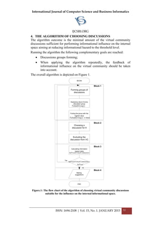 International Journal of Computer Science and Business Informatics
IJCSBI.ORG
4. THE ALGORITHM OF CHOOSING DISCUSSIONS
The algorithm outcome is the minimal amount of the virtual community
discussions sufficient for performing informational influence on the internal
space aiming at reducing informational hazard to the threshold level.
Running the algorithm the following complementary goals are reached:
• Discussions groups forming;
• When applying the algorithm repeatedly, the feedback of
informational influence on the virtual community should be taken
into account.
The overall algorithm is depicted on Figure 1.
Assessing value of every
discussion group
END
Forming groups of
discussions
)( iGroupValue
Finding the group with the
highest value
max)( →iGroupValue
Choosing a
discussion for II
Excluding the
discussion from VC
Calculating information
hazard index
)( munityVirtualComInfTreat
*
)(
InfTreat
munityVirtualComInfTreat >
Making
suggestions
BEGIN
Так
Ні
Block 1
Block 2
Block 3
Block 4
Figure.1: The flow chart of the algorithm of choosing virtual community discussions
suitable for the influence on the internal informational space.
ISSN: 1694-2108 | Vol. 15, No. 1. JANUARY 2015 52
 