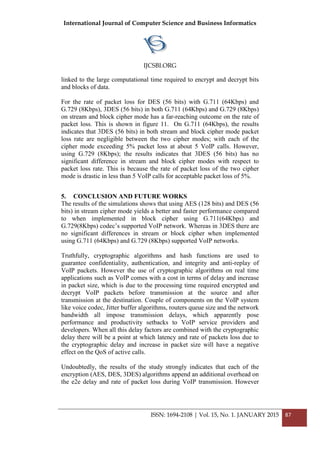 International Journal of Computer Science and Business Informatics
IJCSBI.ORG
ISSN: 1694-2108 | Vol. 15, No. 1. JANUARY 2015 87
linked to the large computational time required to encrypt and decrypt bits
and blocks of data.
For the rate of packet loss for DES (56 bits) with G.711 (64Kbps) and
G.729 (8Kbps), 3DES (56 bits) in both G.711 (64Kbps) and G.729 (8Kbps)
on stream and block cipher mode has a far-reaching outcome on the rate of
packet loss. This is shown in figure 11. On G.711 (64Kbps), the results
indicates that 3DES (56 bits) in both stream and block cipher mode packet
loss rate are negligible between the two cipher modes; with each of the
cipher mode exceeding 5% packet loss at about 5 VoIP calls. However,
using G.729 (8Kbps); the results indicates that 3DES (56 bits) has no
significant difference in stream and block cipher modes with respect to
packet loss rate. This is because the rate of packet loss of the two cipher
mode is drastic in less than 5 VoIP calls for acceptable packet loss of 5%.
5. CONCLUSION AND FUTURE WORKS
The results of the simulations shows that using AES (128 bits) and DES (56
bits) in stream cipher mode yields a better and faster performance compared
to when implemented in block cipher using G.711(64Kbps) and
G.729(8Kbps) codec’s supported VoIP network. Whereas in 3DES there are
no significant differences in stream or block cipher when implemented
using G.711 (64Kbps) and G.729 (8Kbps) supported VoIP networks.
Truthfully, cryptographic algorithms and hash functions are used to
guarantee confidentiality, authentication, and integrity and anti-replay of
VoIP packets. However the use of cryptographic algorithms on real time
applications such as VoIP comes with a cost in terms of delay and increase
in packet size, which is due to the processing time required encrypted and
decrypt VoIP packets before transmission at the source and after
transmission at the destination. Couple of components on the VoIP system
like voice codec, Jitter buffer algorithms, routers queue size and the network
bandwidth all impose transmission delays, which apparently pose
performance and productivity setbacks to VoIP service providers and
developers. When all this delay factors are combined with the cryptographic
delay there will be a point at which latency and rate of packets loss due to
the cryptographic delay and increase in packet size will have a negative
effect on the QoS of active calls.
Undoubtedly, the results of the study strongly indicates that each of the
encryption (AES, DES, 3DES) algorithms append an additional overhead on
the e2e delay and rate of packet loss during VoIP transmission. However
 