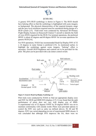 International Journal of Computer Science and Business Informatics
IJCSBI.ORG
ISSN: 1694-2108 | Vol. 15, No. 5. SEPTEMBER 2015 10
A generic SVS HUD symbology is shown in Figure 6. The HUD should
have haloing effect so that the symbology is highlighted with scene imagery
as background. The physical characteristics of the required dynamic range
and the grey level resolution required must be considered during design of a
HUD system [15]. Field trials were conducted by Advanced 3D Primary
Flight Display System on Honeywell Citation V aircraft to identify the field
of view (FOV) required for the HUD. For terminal operations, the preferred
HFOV is about 45 degrees and 60 degree HFOV for en-route operations for
generic HUD [16].
For SVS operations, NASA has recommended Head-Up Display FOV of 32
x 24 degrees in raster format is preferred [15]. As mentioned earlier, to
highlight the symbology against scene imagery, ―haloing‖ effect is
necessary. Overall HUD brightness and controls are to be provided for the
pilot. The pilot can be provided with a de-clutter control switch.
Figure 5. Generic Head-Up-Display Symbology set
Pilot trials were conducted by NASA to find out appropriate display sizes
and FOV for HUD and HDD SVS displays [17]. It was found that the path
performance of pilots does not vary with display size of HDD.
A experimental size of 22 degrees VFOV by 28 degrees HFOV was set to
maintain conformality with outside world. Pilots were provided options to
control the FOV size such as unity (as defined above), 30, 60 and 90
degrees. FOV was varied depending on size of experimental HDD chosen. It
was concluded that although SVS improves the SA, there were no
 