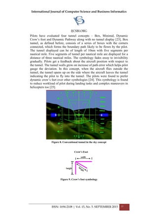 International Journal of Computer Science and Business Informatics
IJCSBI.ORG
ISSN: 1694-2108 | Vol. 15, No. 5. SEPTEMBER 2015 13
Pilots have evaluated four tunnel concepts – Box, Minimal, Dynamic
Crow’s foot and Dynamic Pathway along with no tunnel display [23]. Box
tunnel, as defined before, consists of a series of boxes with the corners
connected, which forms the boundary path likely to be flown by the pilot.
The tunnel displayed can be of length of 10nm with five segments per
nautical mile. Five segments of tunnel per nautical mile are displayed for a
distance of three nautical miles. The symbology fades away to invisibility
gradually. Pilots get a feedback about the aircraft position with respect to
the tunnel. The tunnel walls grow on increase of path error which helps pilot
gauge the deviation. In this concept, when the aircraft flies outside the
tunnel, the tunnel opens up on the side where the aircraft leaves the tunnel
indicating the pilot to fly into the tunnel. The pilots were found to prefer
dynamic crow’s feet over other symbologies [24]. This symbology is found
to reduce workload of pilot during landing tasks and complex maneuvers in
helicopters too [25].
Figure 8. Conventional tunnel in the sky concept
Figure 9. Crow’s foot symbology
 