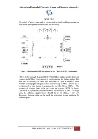 International Journal of Computer Science and Business Informatics
IJCSBI.ORG
ISSN: 1694-2108 | Vol. 15, No. 5. SEPTEMBER 2015 18
3D models of airport area such as runway and terminal buildings are derived
from aerial photographs of about one feet accuracy.
Figure 10. Recommended HUD symbology as per FAA Part 91.175 requirements
NRSC, ISRO through its portal BHUVAN [9] has made available Cartosat-
1 data with DEM of 1-arc second in public domain for Indian region. This
data has an accuracy of 10m and resolution of 30m. CartoSat-2 series
provides stereographic imagery with a resolution up to 0.8m. Cartosat-2C to
be launched in near future is expected to provide 0.64m DEMs. The
stereoscopic images have to be processed to generate DEM. In future,
Cartosat-3 is expected to provide DEM of resolution of 0.25m. For flight
tests, the database specifications should be as per RTCA / DO- 276
document. Cartosat data can be used for generating terrain database for
Indian airports.
 