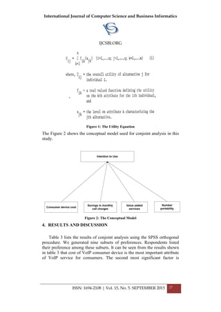 International Journal of Computer Science and Business Informatics
IJCSBI.ORG
ISSN: 1694-2108 | Vol. 15, No. 5. SEPTEMBER 2015 27
Figure 1: The Utility Equation
The Figure 2 shows the conceptual model used for conjoint analysis in this
study.
Figure 2: The Conceptual Model
4. RESULTS AND DISCUSSION
Table 3 lists the results of conjoint analysis using the SPSS orthogonal
procedure. We generated nine subsets of preferences. Respondents listed
their preference among these subsets. It can be seen from the results shown
in table 3 that cost of VoIP consumer device is the most important attribute
of VoIP service for consumers. The second most significant factor is
 