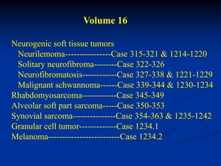 Volume 16

Neurogenic soft tissue tumors
 Neurilemoma----------------Case 315-321 & 1214-1220
 Solitary neurofibroma--------Case 322-326
 Neurofibromatosis------------Case 327-338 & 1221-1229
 Malignant schwannoma------Case 339-344 & 1230-1234
Rhabdomyosarcoma------------Case 345-349
Alveolar soft part sarcoma-----Case 350-353
Synovial sarcoma---------------Case 354-363 & 1235-1242
Granular cell tumor-------------Case 1234.1
Melanoma-------------------------Case 1234.2
 