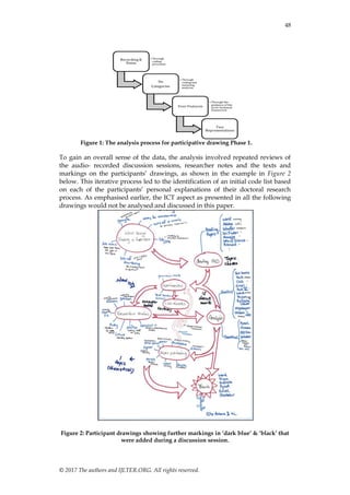 48
© 2017 The authors and IJLTER.ORG. All rights reserved.
Figure 1: The analysis process for participative drawing Phase 1.
To gain an overall sense of the data, the analysis involved repeated reviews of
the audio- recorded discussion sessions, researcher notes and the texts and
markings on the participants‟ drawings, as shown in the example in Figure 2
below. This iterative process led to the identification of an initial code list based
on each of the participants‟ personal explanations of their doctoral research
process. As emphasised earlier, the ICT aspect as presented in all the following
drawings would not be analysed and discussed in this paper.
Figure 2: Participant drawings showing further markings in ‘dark blue’ & ‘black’ that
were added during a discussion session.
 