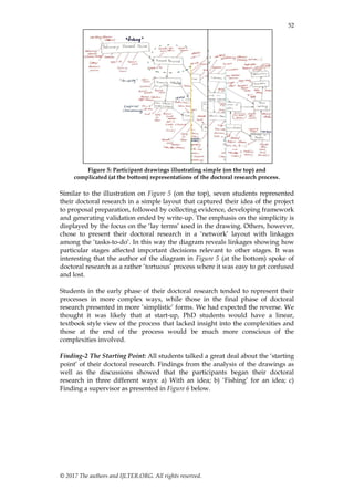 52
© 2017 The authors and IJLTER.ORG. All rights reserved.
Figure 5: Participant drawings illustrating simple (on the top) and
complicated (at the bottom) representations of the doctoral research process.
Similar to the illustration on Figure 5 (on the top), seven students represented
their doctoral research in a simple layout that captured their idea of the project
to proposal preparation, followed by collecting evidence, developing framework
and generating validation ended by write-up. The emphasis on the simplicity is
displayed by the focus on the „lay terms‟ used in the drawing. Others, however,
chose to present their doctoral research in a „network‟ layout with linkages
among the „tasks-to-do‟. In this way the diagram reveals linkages showing how
particular stages affected important decisions relevant to other stages. It was
interesting that the author of the diagram in Figure 5 (at the bottom) spoke of
doctoral research as a rather „tortuous‟ process where it was easy to get confused
and lost.
Students in the early phase of their doctoral research tended to represent their
processes in more complex ways, while those in the final phase of doctoral
research presented in more „simplistic‟ forms. We had expected the reverse. We
thought it was likely that at start-up, PhD students would have a linear,
textbook style view of the process that lacked insight into the complexities and
those at the end of the process would be much more conscious of the
complexities involved.
Finding-2 The Starting Point: All students talked a great deal about the „starting
point‟ of their doctoral research. Findings from the analysis of the drawings as
well as the discussions showed that the participants began their doctoral
research in three different ways: a) With an idea; b) „Fishing‟ for an idea; c)
Finding a supervisor as presented in Figure 6 below.
 