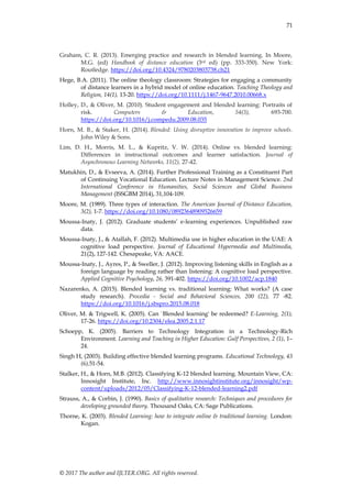 71
© 2017 The author and IJLTER.ORG. All rights reserved.
Graham, C. R. (2013). Emerging practice and research in blended learning. In Moore,
M.G. (ed) Handbook of distance education (3rd ed) (pp. 333-350). New York:
Routledge. https://doi.org/10.4324/9780203803738.ch21
Hege, B.A. (2011). The online theology classroom: Strategies for engaging a community
of distance learners in a hybrid model of online education. Teaching Theology and
Religion, 14(1), 13-20. https://doi.org/10.1111/j.1467-9647.2010.00668.x
Holley, D., & Oliver, M. (2010). Student engagement and blended learning: Portraits of
risk. Computers & Education, 54(3), 693-700.
https://doi.org/10.1016/j.compedu.2009.08.035
Horn, M. B., & Staker, H. (2014). Blended: Using disruptive innovation to improve schools.
John Wiley & Sons.
Lim, D. H., Morris, M. L., & Kupritz, V. W. (2014). Online vs. blended learning:
Differences in instructional outcomes and learner satisfaction. Journal of
Asynchronous Learning Networks, 11(2), 27-42.
Matukhin, D., & Evseeva, A. (2014). Further Professional Training as a Constituent Part
of Continuing Vocational Education. Lecture Notes in Management Science. 2nd
International Conference in Humanities, Social Sciences and Global Business
Management (ISSGBM 2014), 31,104-109.
Moore, M. (1989). Three types of interaction. The American Journal of Distance Education,
3(2), 1-7. https://doi.org/10.1080/08923648909526659
Moussa-Inaty, J. (2012). Graduate students’ e-learning experiences. Unpublished raw
data.
Moussa-Inaty, J., & Atallah, F. (2012). Multimedia use in higher education in the UAE: A
cognitive load perspective. Journal of Educational Hypermedia and Multimedia,
21(2), 127-142. Chesapeake, VA: AACE.
Moussa-Inaty, J., Ayres, P., & Sweller, J. (2012). Improving listening skills in English as a
foreign language by reading rather than listening: A cognitive load perspective.
Applied Cognitive Psychology, 26, 391-402. https://doi.org/10.1002/acp.1840
Nazarenko, A. (2015). Blended learning vs. traditional learning: What works? (A case
study research). Procedia - Social and Behavioral Sciences, 200 (22), 77 -82.
https://doi.org/10.1016/j.sbspro.2015.08.018
Oliver, M. & Trigwell, K. (2005). Can `Blended learning' be redeemed? E-Learning, 2(1),
17-26. https://doi.org/10.2304/elea.2005.2.1.17
Schoepp, K. (2005). Barriers to Technology Integration in a Technology-Rich
Environment. Learning and Teaching in Higher Education: Gulf Perspectives, 2 (1), 1–
24.
Singh H, (2003). Building effective blended learning programs. Educational Technology, 43
(6),51-54.
Stalker, H., & Horn, M.B. (2012). Classifying K-12 blended learning. Mountain View, CA:
Innosight Institute, Inc. http://www.innosightinstitute.org/innosight/wp-
content/uploads/2012/05/Classifying-K-12-blended-learning2.pdf
Strauss, A., & Corbin, J. (1990). Basics of qualitative research: Techniques and procedures for
developing grounded theory. Thousand Oaks, CA: Sage Publications.
Thorne, K. (2003). Blended Learning: how to integrate online & traditional learning. London:
Kogan.
 