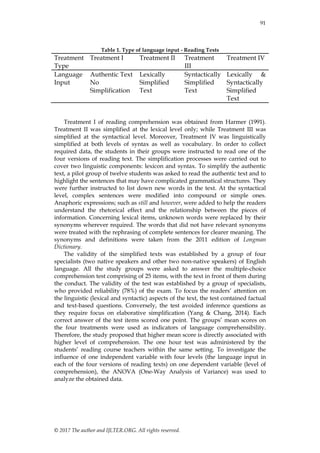 91
© 2017 The author and IJLTER.ORG. All rights reserved.
Table 1. Type of language input - Reading Texts
Treatment
Type
Treatment I Treatment II Treatment
III
Treatment IV
Language
Input
Authentic Text
No
Simplification
Lexically
Simplified
Text
Syntactically
Simplified
Text
Lexically &
Syntactically
Simplified
Text
Treatment I of reading comprehension was obtained from Harmer (1991).
Treatment II was simplified at the lexical level only; while Treatment III was
simplified at the syntactical level. Moreover, Treatment IV was linguistically
simplified at both levels of syntax as well as vocabulary. In order to collect
required data, the students in their groups were instructed to read one of the
four versions of reading text. The simplification processes were carried out to
cover two linguistic components: lexicon and syntax. To simplify the authentic
text, a pilot group of twelve students was asked to read the authentic text and to
highlight the sentences that may have complicated grammatical structures. They
were further instructed to list down new words in the text. At the syntactical
level, complex sentences were modified into compound or simple ones.
Anaphoric expressions; such as still and however, were added to help the readers
understand the rhetorical effect and the relationship between the pieces of
information. Concerning lexical items, unknown words were replaced by their
synonyms wherever required. The words that did not have relevant synonyms
were treated with the rephrasing of complete sentences for clearer meaning. The
synonyms and definitions were taken from the 2011 edition of Longman
Dictionary.
The validity of the simplified texts was established by a group of four
specialists (two native speakers and other two non-native speakers) of English
language. All the study groups were asked to answer the multiple-choice
comprehension test comprising of 25 items, with the text in front of them during
the conduct. The validity of the test was established by a group of specialists,
who provided reliability (78%) of the exam. To focus the readers’ attention on
the linguistic (lexical and syntactic) aspects of the text, the test contained factual
and text-based questions. Conversely, the test avoided inference questions as
they require focus on elaborative simplification (Yang & Chang, 2014). Each
correct answer of the test items scored one point. The groups’ mean scores on
the four treatments were used as indicators of language comprehensibility.
Therefore, the study proposed that higher mean score is directly associated with
higher level of comprehension. The one hour test was administered by the
students’ reading course teachers within the same setting. To investigate the
influence of one independent variable with four levels (the language input in
each of the four versions of reading texts) on one dependent variable (level of
comprehension), the ANOVA (One-Way Analysis of Variance) was used to
analyze the obtained data.
 
