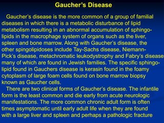 Gaucher’s Disease
   Gaucher’s disease is the more common of a group of familial
diseases in which there is a metabolic disturbance of lipid
metabolism resulting in an abnormal accumulation of sphingo-
lipids in the macrophage system of organs such as the liver,
spleen and bone marrow. Along with Gaucher’s disease, the
other spingolipidoses include Tay-Sachs disease, Niemann-
Pick’s disease, metachromatic leukodystrophy and Fabry’s disease
many of which are found in Jewish families. The specific sphingo-
lipid found in Gauchers disease is kerasin found in the foamy
cytoplasm of large foam cells found on bone marrow biopsy
known as Gaucher cells.
   There are two clinical forms of Gaucher’s disease. The infantile
form is the least common and die early from acute neurologic
manifestations. The more common chronic adult form is often
times asymptomatic until early adult life when they are found
with a large liver and spleen and perhaps a pathologic fracture
 