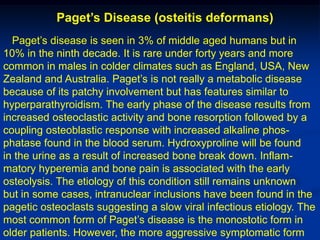 Paget’s Disease (osteitis deformans)
  Paget’s disease is seen in 3% of middle aged humans but in
10% in the ninth decade. It is rare under forty years and more
common in males in colder climates such as England, USA, New
Zealand and Australia. Paget’s is not really a metabolic disease
because of its patchy involvement but has features similar to
hyperparathyroidism. The early phase of the disease results from
increased osteoclastic activity and bone resorption followed by a
coupling osteoblastic response with increased alkaline phos-
phatase found in the blood serum. Hydroxyproline will be found
in the urine as a result of increased bone break down. Inflam-
matory hyperemia and bone pain is associated with the early
osteolysis. The etiology of this condition still remains unknown
but in some cases, intranuclear inclusions have been found in the
pagetic osteoclasts suggesting a slow viral infectious etiology. The
most common form of Paget’s disease is the monostotic form in
older patients. However, the more aggressive symptomatic form
 