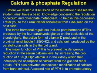 Calcium & phosphate Regulation
   Before we launch a discussion of the metabolic diseases the
student must have a basic knowledge concerning the regulation
of calcium and phosphate metabolism. To help in this discussion
I refer you to the Frank Netter schematic from Ciba seen on the
next slide.
   The three hormonal regulators include parathormone (PTH)
produced by the four parathyroid glands on the back side of the
thyroid gland, the active form of vitamin D produced in the
proximal renal tubule 1,25(OH)2, and calcitonin produced by the
parafollicular cells in the thyroid gland.
   The major function of PTH is to prevent the dangerous
reduction in the serum calcium level by increasing the pro-
duction of 1,25,(OH)2 vitamin D in the kidney which then
increases the absorption of calcium from the gut and renal
tubule. PTH also activates osteoclastic mobilization of calcium
from bone mineral. A second role of PTH is to promote urinary
 