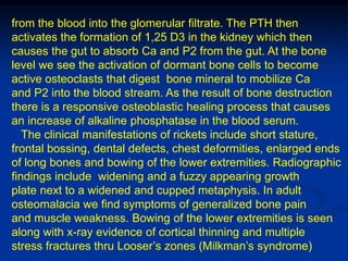 from the blood into the glomerular filtrate. The PTH then
activates the formation of 1,25 D3 in the kidney which then
causes the gut to absorb Ca and P2 from the gut. At the bone
level we see the activation of dormant bone cells to become
active osteoclasts that digest bone mineral to mobilize Ca
and P2 into the blood stream. As the result of bone destruction
there is a responsive osteoblastic healing process that causes
an increase of alkaline phosphatase in the blood serum.
   The clinical manifestations of rickets include short stature,
frontal bossing, dental defects, chest deformities, enlarged ends
of long bones and bowing of the lower extremities. Radiographic
findings include widening and a fuzzy appearing growth
plate next to a widened and cupped metaphysis. In adult
osteomalacia we find symptoms of generalized bone pain
and muscle weakness. Bowing of the lower extremities is seen
along with x-ray evidence of cortical thinning and multiple
stress fractures thru Looser’s zones (Milkman’s syndrome)
 