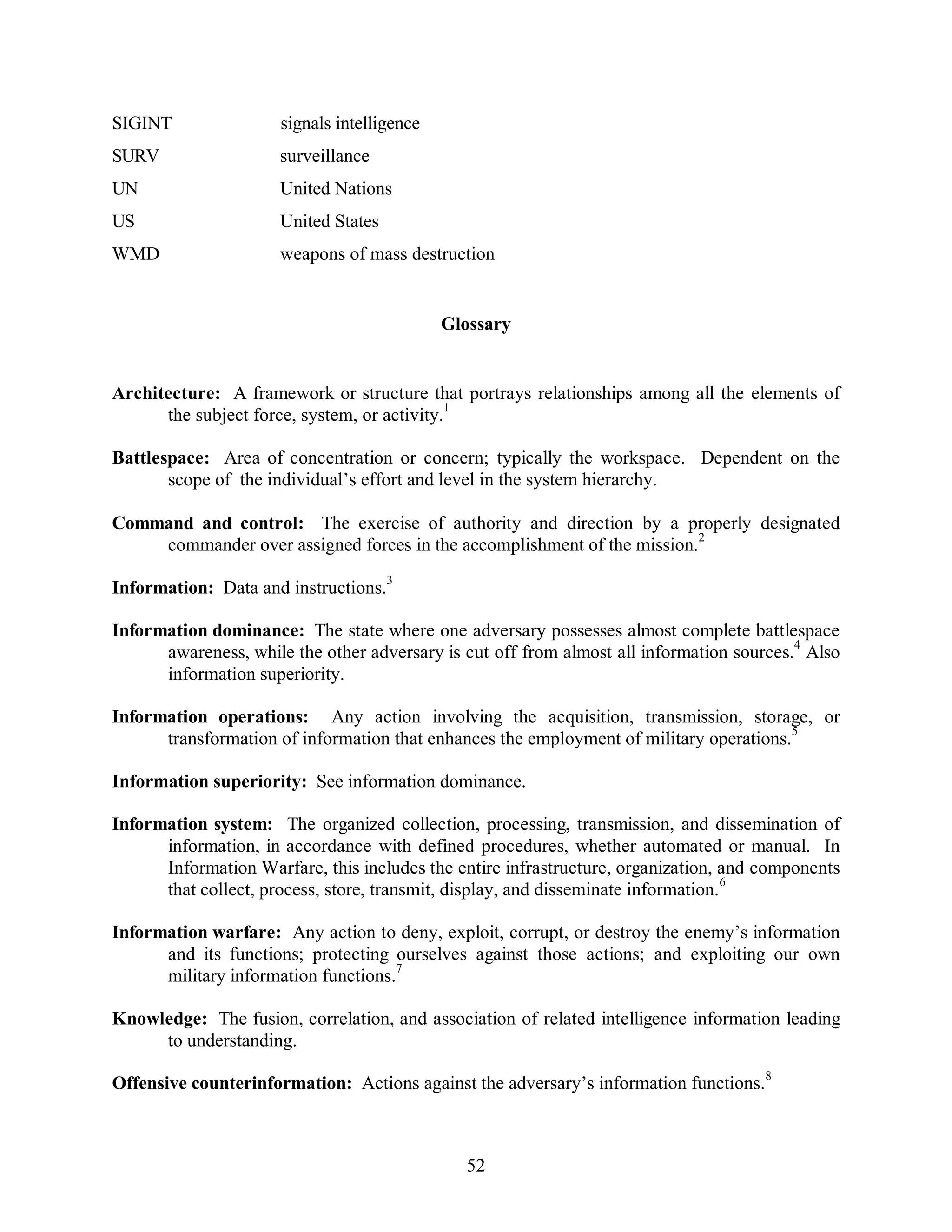 SIGINT signals intelligence 
SURV surveillance 
UN United Nations 
US United States 
WMD weapons of mass destruction 
Glossary 
Architecture: A framework or structure that portrays relationships among all the elements of 
52 
the subject force, system, or activity.1 
Battlespace: Area of concentration or concern; typically the workspace. Dependent on the 
scope of the individual’s effort and level in the system hierarchy. 
Command and control: The exercise of authority and direction by a properly designated 
commander over assigned forces in the accomplishment of the mission.2 
Information: Data and instructions.3 
Information dominance: The state where one adversary possesses almost complete battlespace 
awareness, while the other adversary is cut off from almost all information sources.4 Also 
information superiority. 
Information operations: Any action involving the acquisition, transmission, storage, or 
transformation of information that enhances the employment of military operations.5 
Information superiority: See information dominance. 
Information system: The organized collection, processing, transmission, and dissemination of 
information, in accordance with defined procedures, whether automated or manual. In 
Information Warfare, this includes the entire infrastructure, organization, and components 
that collect, process, store, transmit, display, and disseminate information.6 
Information warfare: Any action to deny, exploit, corrupt, or destroy the enemy’s information 
and its functions; protecting ourselves against those actions; and exploiting our own 
military information functions.7 
Knowledge: The fusion, correlation, and association of related intelligence information leading 
to understanding. 
Offensive counterinformation: Actions against the adversary’s information functions.8 
 