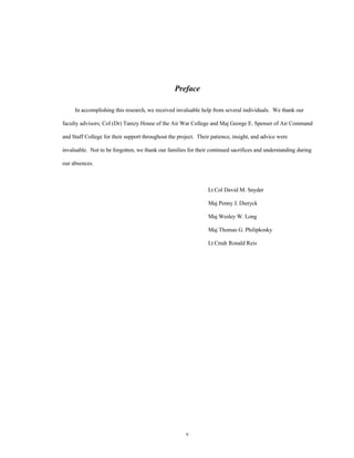 Preface 
In accomplishing this research, we received invaluable help from several individuals. We thank our 
faculty advisors; Col (Dr) Tamzy House of the Air War College and Maj George E. Spenser of Air Command 
and Staff College for their support throughout the project. Their patience, insight, and advice were 
invaluable. Not to be forgotten, we thank our families for their continued sacrifices and understanding during 
v 
our absences. 
Lt Col David M. Snyder 
Maj Penny J. Dieryck 
Maj Wesley W. Long 
Maj Thomas G. Philipkosky 
Lt Cmdr Ronald Reis 
 