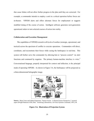 that cause failure will not allow further progress in the plan until they are corrected. For 
example, a commander intends to employ a unit in a critical operation before forces are 
in-theater. VIPERS alerts and offers alternate forces for employment or suggests 
modified timing of the course of action. Intelligent software generates next-generation 
operational orders to turn selected courses of action into reality. 
Collaboration and Execution Management 
The capabilities of VIPERS extend to all levels of warfare (strategic, operational, and 
tactical) across the spectrum of conflict to execute operations. Commanders will direct, 
coordinate, and reconstitute their forces while seeing the battlespace in real-time. This 
system will further serve the commander by allowing him to “process control” via alert 
functions and command by negation. The primary human-machine interface is voice.3 
Conversational language, properly interpreted for context and inflection, is the principal 
mode of operating VIPERS. As shown in Figure 3-6, the battlespace will be projected as 
19 
a three-dimensional holographic image. 
Source: Mona Toms and Gilbert Kuperman, “Sensor Fusion: A Human Factors Perspective,” research 
report (Wright-Patterson AFB, Ohio: Armstrong Laboratories, Air Force Systems Command, 1991), 48. 
Figure 3-6. Illustration of Projection System 
 