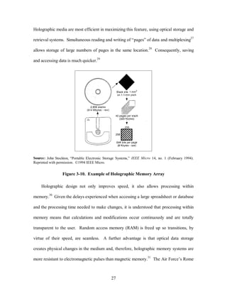 Holographic media are most efficient in maximizing this feature, using optical storage and 
retrieval systems. Simultaneous reading and writing of “pages” of data and multiplexing27 
allows storage of large numbers of pages in the same location.28 Consequently, saving 
27 
and accessing data is much quicker.29 
Source: John Stockton, “Portable Electronic Storage Systems,” IEEE Micro 14, no. 1 (February 1994). 
Reprinted with permission. ©1994 IEEE Micro. 
Figure 3-10. Example of Holographic Memory Array 
Holographic design not only improves speed, it also allows processing within 
memory.30 Given the delays experienced when accessing a large spreadsheet or database 
and the processing time needed to make changes, it is understood that processing within 
memory means that calculations and modifications occur continuously and are totally 
transparent to the user. Random access memory (RAM) is freed up so transitions, by 
virtue of their speed, are seamless. A further advantage is that optical data storage 
creates physical changes in the medium and, therefore, holographic memory systems are 
more resistant to electromagnetic pulses than magnetic memory.31 The Air Force’s Rome 
 