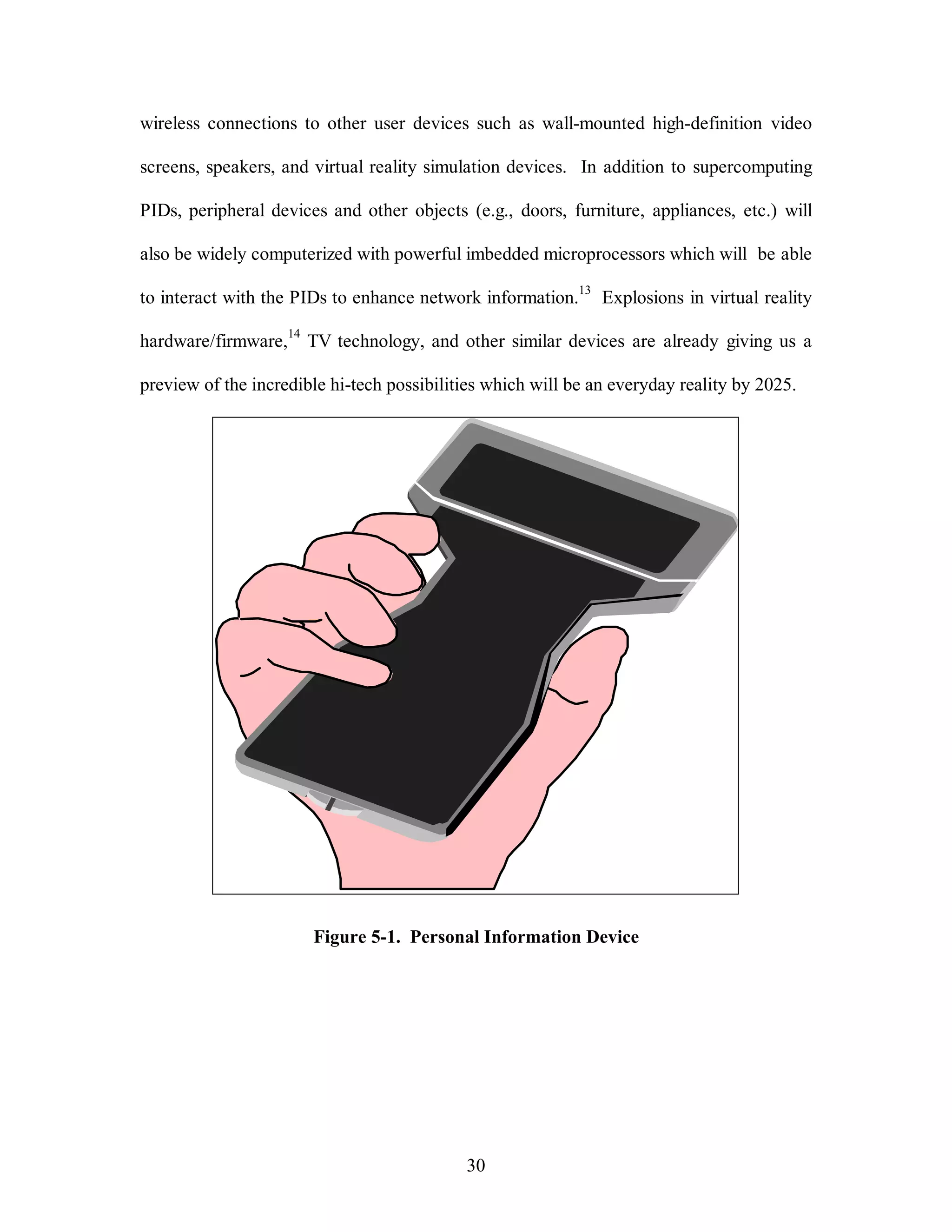 wireless connections to other user devices such as wall-mounted high-definition video 
screens, speakers, and virtual reality simulation devices. In addition to supercomputing 
PIDs, peripheral devices and other objects (e.g., doors, furniture, appliances, etc.) will 
also be widely computerized with powerful imbedded microprocessors which will be able 
to interact with the PIDs to enhance network information.13 Explosions in virtual reality 
hardware/firmware,14 TV technology, and other similar devices are already giving us a 
preview of the incredible hi-tech possibilities which will be an everyday reality by 2025. 
Figure 5-1. Personal Information Device 
30 
 
